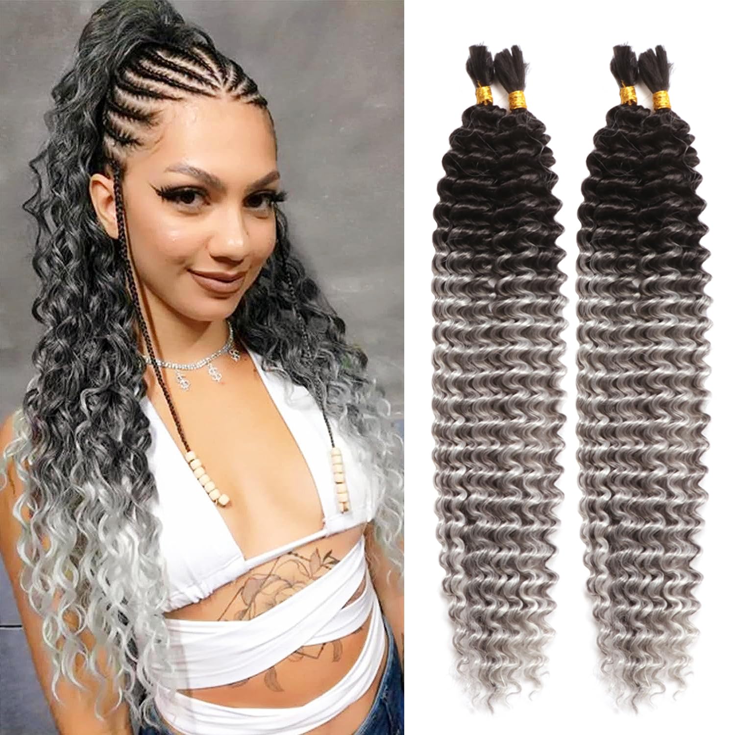 Seimainurs Deep Wave Crochet Hair Long Curly Braiding Hair for Boho Braids Ocean Wave Braiding Hair for Black Women (OT1B/Grey