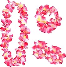 4 Pcs Colorful Hawaiian Leis, Hawaiian Party Flower Garland Set, Hawaiian Flower Necklace Headband Garland Hand Garlands Leis Set Accessories for Kids Adults Beach Tropical Themed Party Acces (Pink)