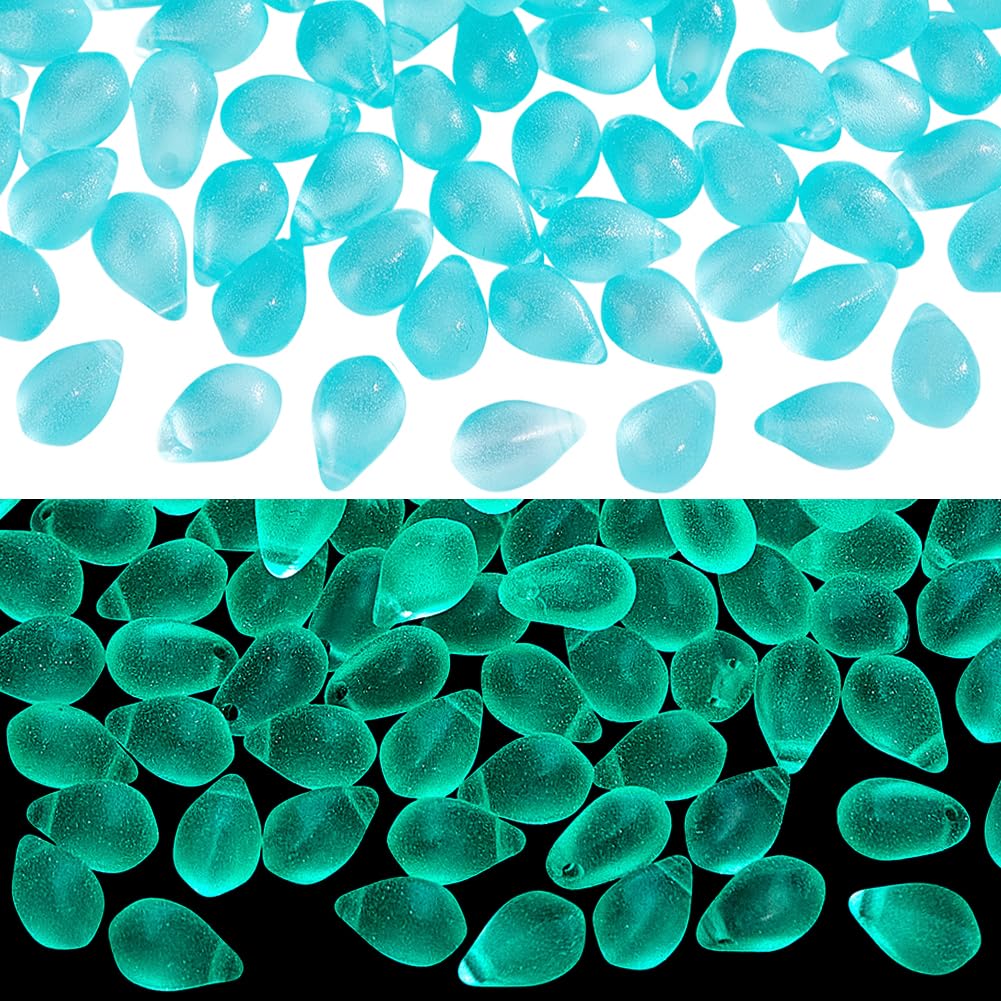 Perles phosphorescentes UV en verre turquoise goutte 9x6mm PH PandaHall pour bijoux x150