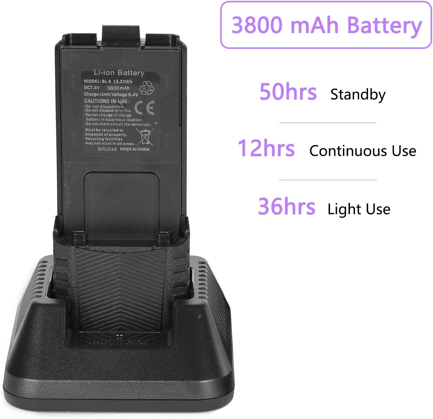 Image showing the 3800mAh Li-Ion battery being charged in its cradle, with text indicating 50 hours standby, 12 hours continuous use, and 36 hours light use.