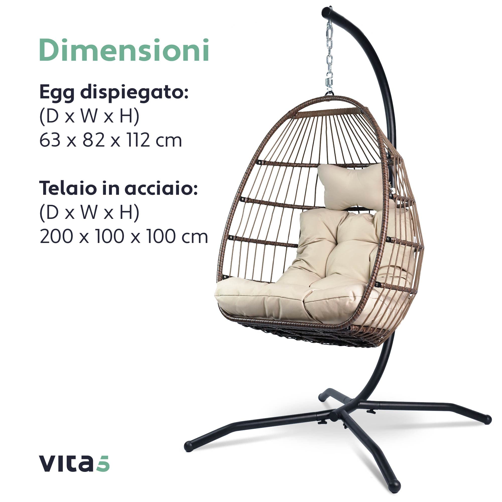 Vita5 Poltrona Sospesa da Giardino con grande Cuscino e Poggiatesta | Sedia a Dondolo con Struttura in Acciaio Capacità 150kg | Sedia Sospesa da Esterno o Interno con Supporto | Beige