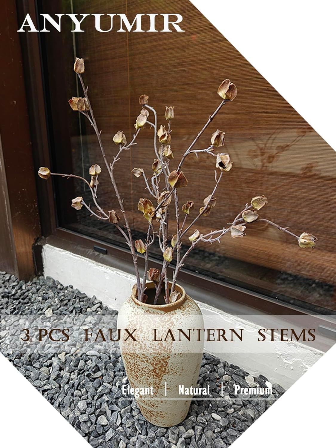 3Pcs Realistic Faux Berry Stems for Tall Vases, 35.4 Inch Bendable Brown Branches with Natural Frosted Effect - Artificial Chinese Lantern Stems for Farmhouse Home Office Decor