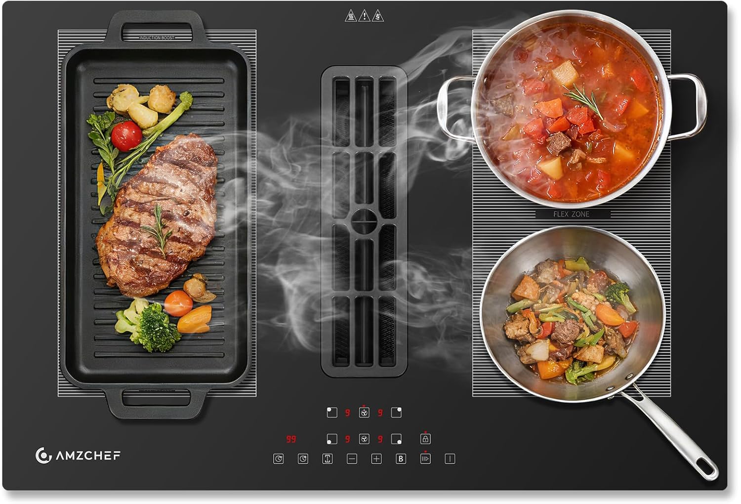 AMZCHEF Placa Inducción con Extractor Integrado, 7200W Placa Induccion 4 Zonas, 650m³/h Ventilación Automática Hob2Hood, 9 Niveles de Potencia, Temporizador & Bloqueo Infantil, Boost & Zona Flexible