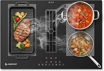 AMZCHEF Placa Inducción con Extractor Integrado, 7200W Placa Induccion 4 Zonas, 650m³/h Ventilación Automática Hob2Hood, 9 Niveles de Potencia, Temporizador & Bloqueo Infantil, Boost & Zona Flexible