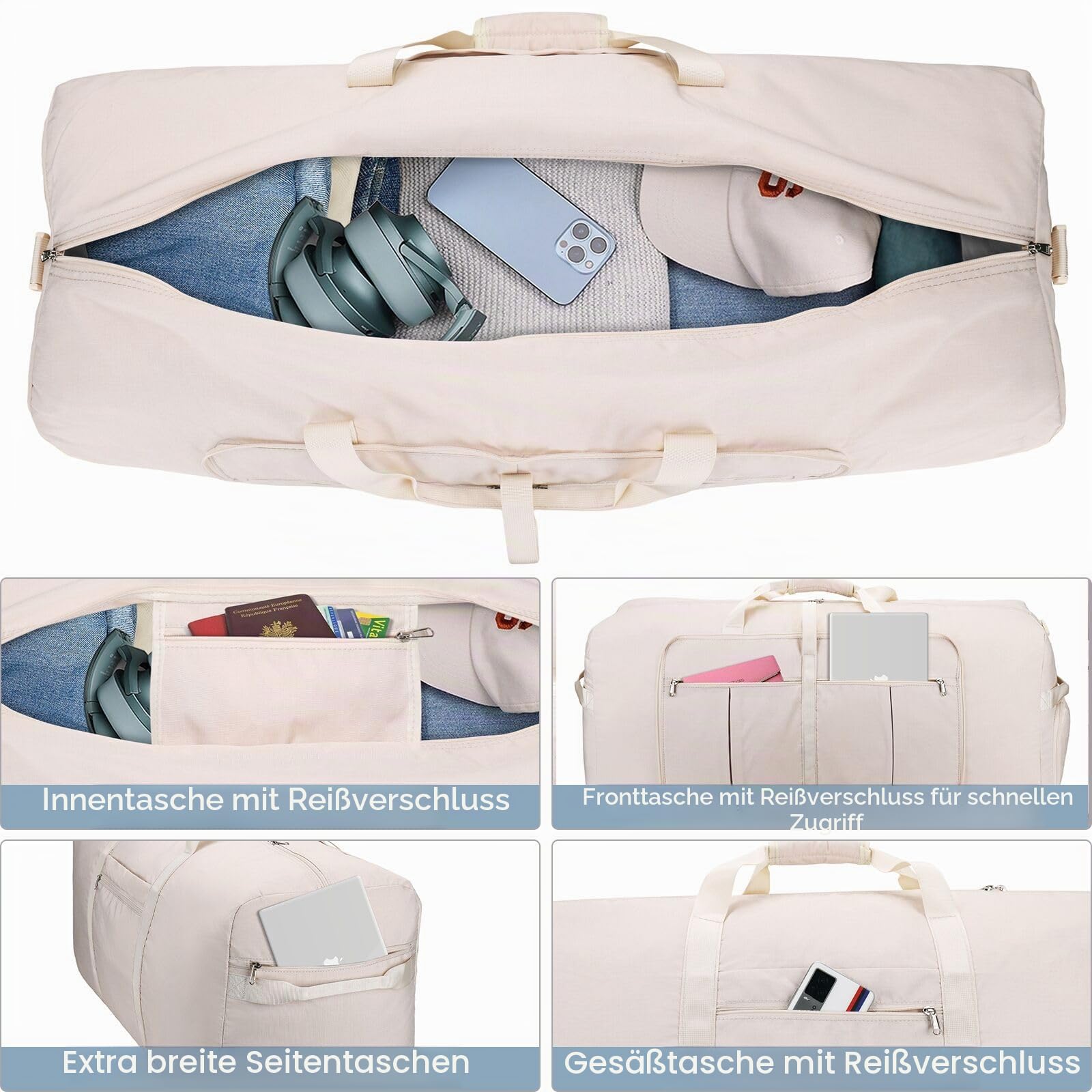 Urtala Reisetasche für Damen und Herren, groß, faltbar, Wochenendtasche mit Schuhfach und Schultergurt, leicht, wasserdicht, Gepäcktasche, Beige, 100L, Klappbar