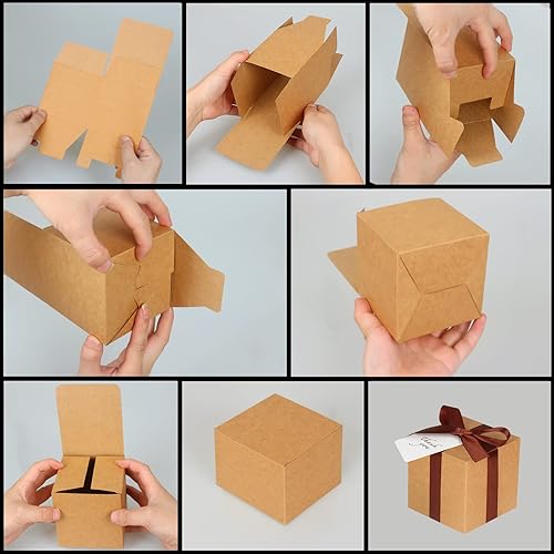 Miniatura 5 de DOYIDE Paquete de 100 cajas de regalo pequeñas, cajas de regalo de 4 x 4 x 4 pulgadas, cajas de regalo de papel marrón con tapas para regalos,