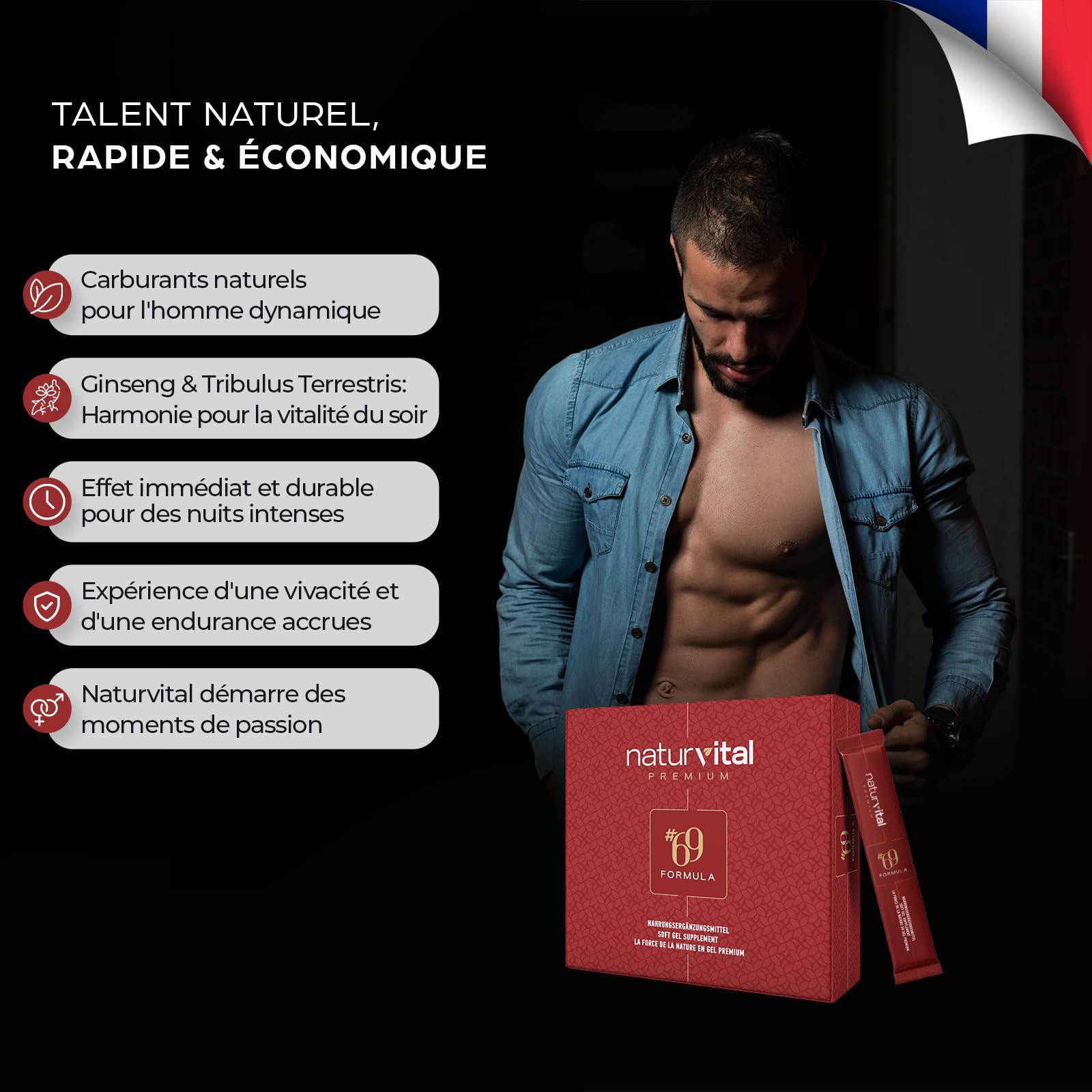 Naturvital Premium 69 Formula, Miel Aphrodisiaque Homme 12x12g Stick, Extra Fort pour Hommes Actifs, Effet Immédiat, Maca, Ginseng-Extrakt & Tribulus Terrestris Gel (1 Pièce)