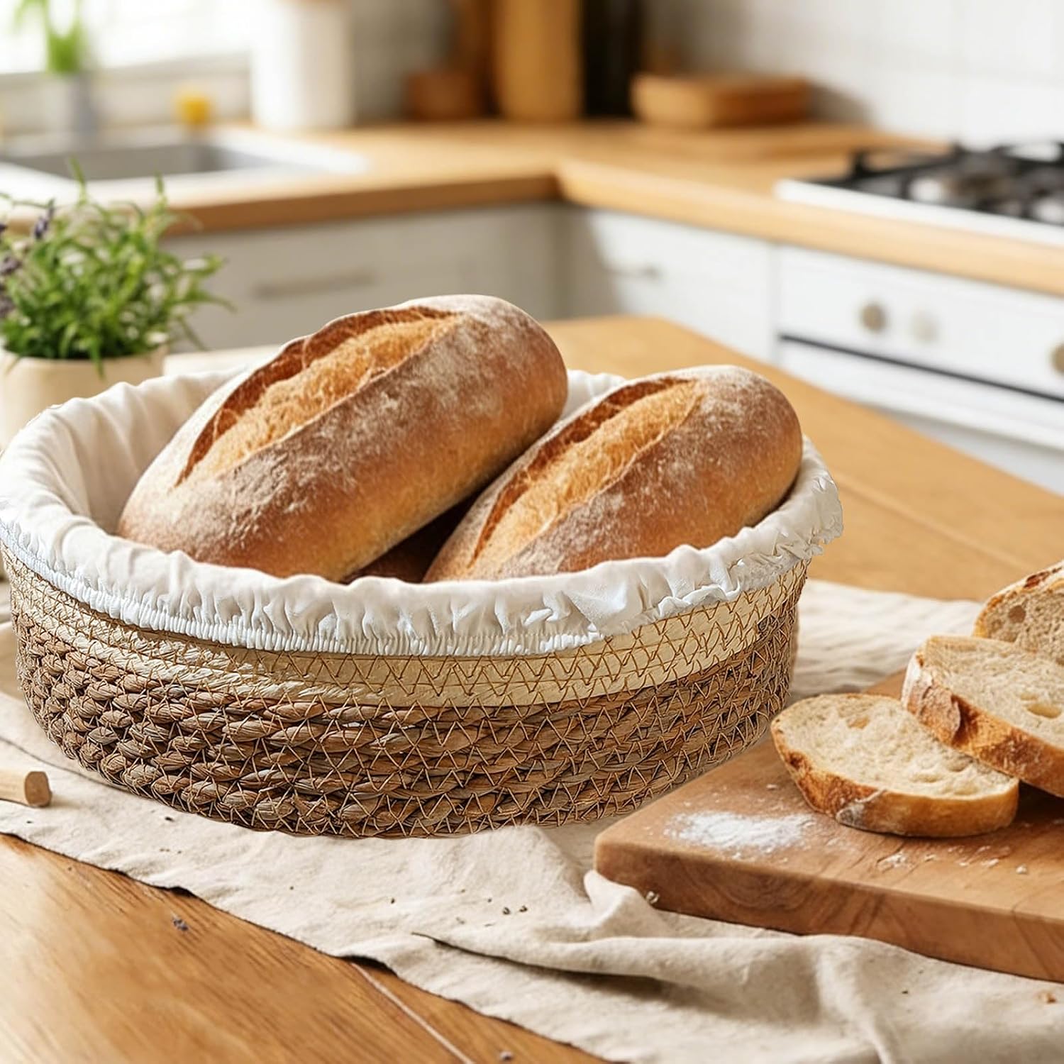 G GENLEAS Bread Warmer Basket with Stone, Bread Basket for Serving Tortilla Sourdough Bread, Bread Storage Container
