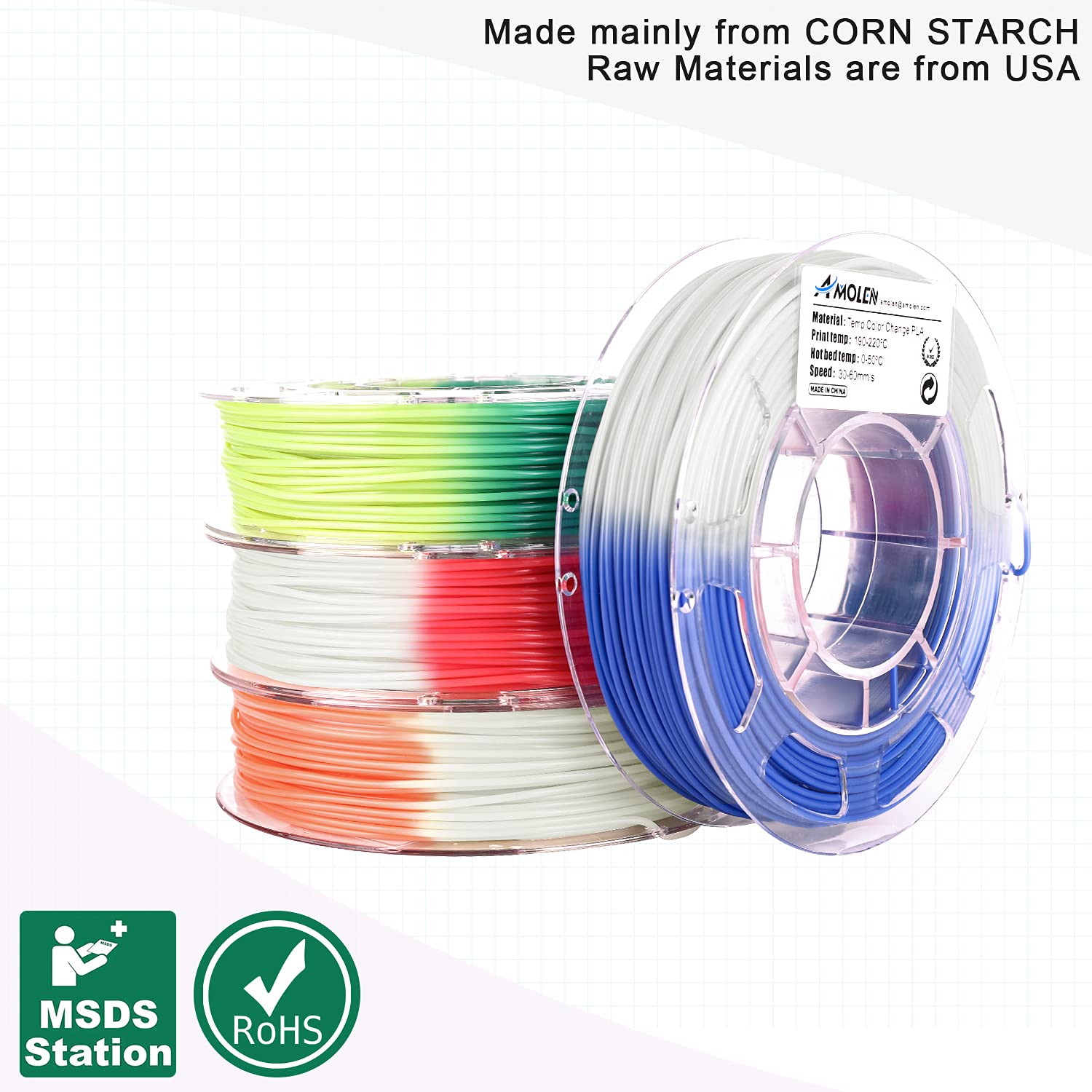 AMOLEN Paquete filamento 3D PLA 1,75 mm, cambio color con filamento temperatura, verde/azul/rojo/naranja, paquete 4 bobinas 200 g