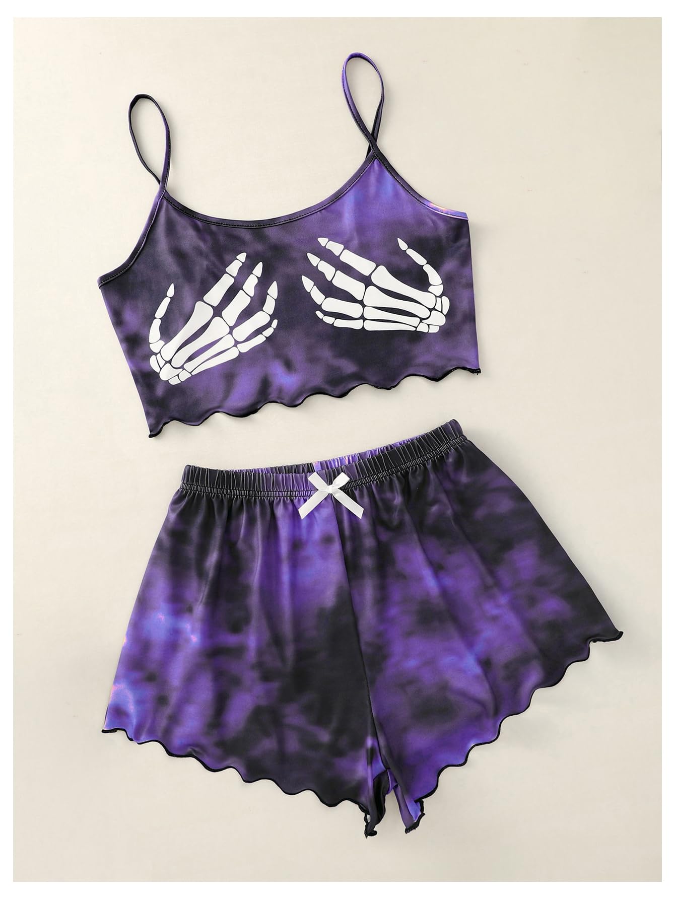 WDIRARA Women's Plus Size Two Piece Goth Print Pajama Set Lettuce Trim Bow Front Cami Sleepwear