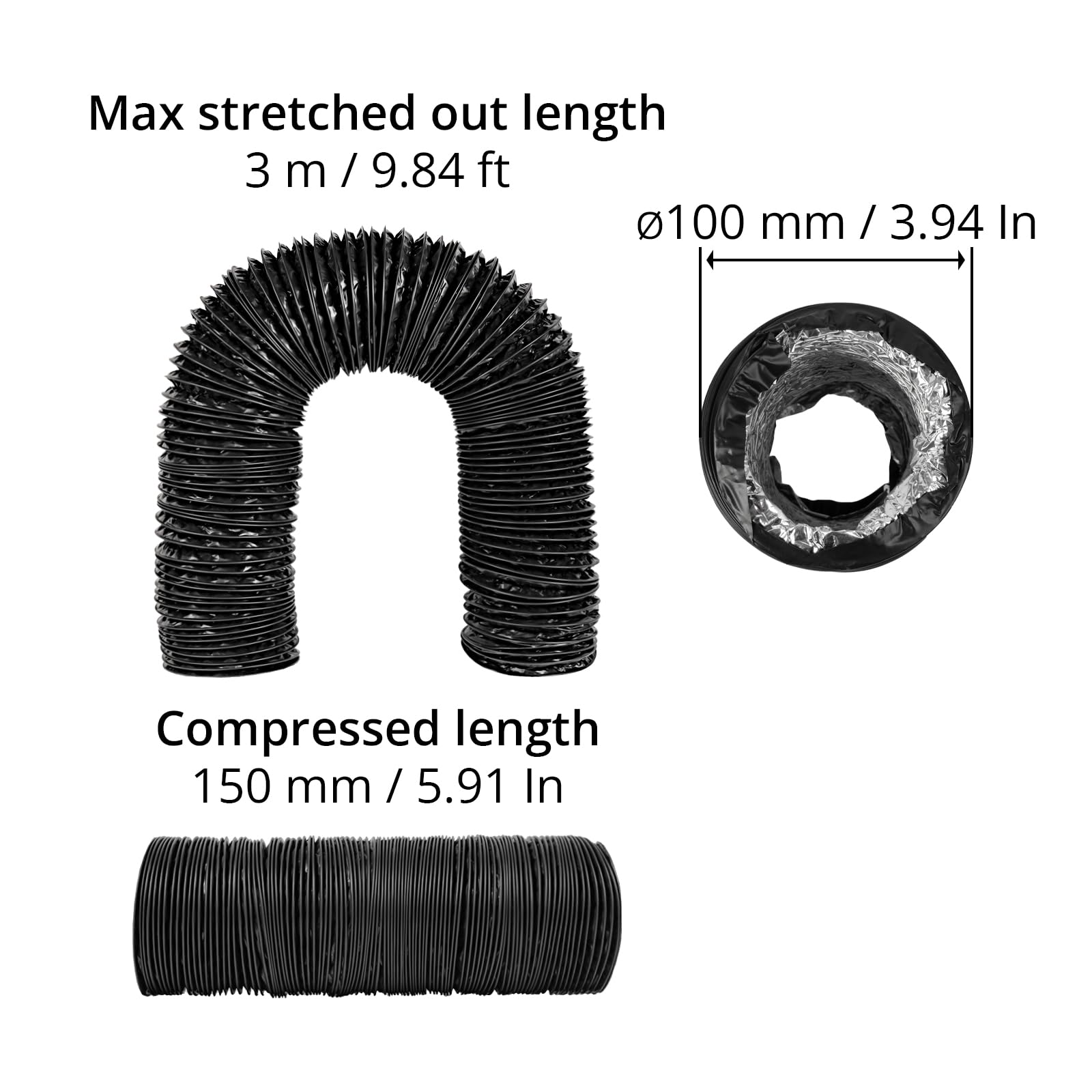10 cm / 100 mm – 3 m długości, czarny kanał powietrznwąż, 4-warstwowy wąż wentylacyjny HVAC, idealny do namiotów szklarniowych, Growbox, linii wentylacji domu