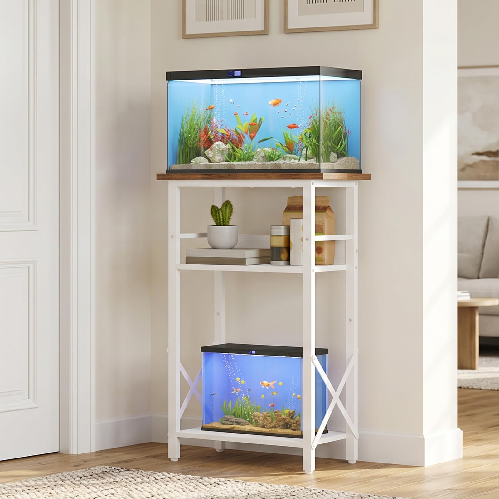 HOOBRO 3-stöckiger Aquarium Unterschrank, 37,8 L Aquarienständer, Fischtank Schrank, Aquarienschrank, Aquariumregal, Fischtankständer für Wohnzimmer und Büro, Weiß und Walnuss EWH52FT01