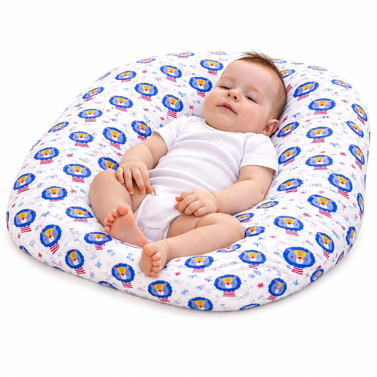 Baby Nest Soft Lounger for Newborns and Infants- Blue and Red Lion Print-image-36