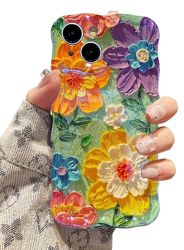 EYZUTAK Case for iPhone 14 Plus/15 Plus, Colorful Retro Oil Painting Flower Laser Glossy Cute Curly Wave Edge Case Stylish Durable Soft TPU Protective