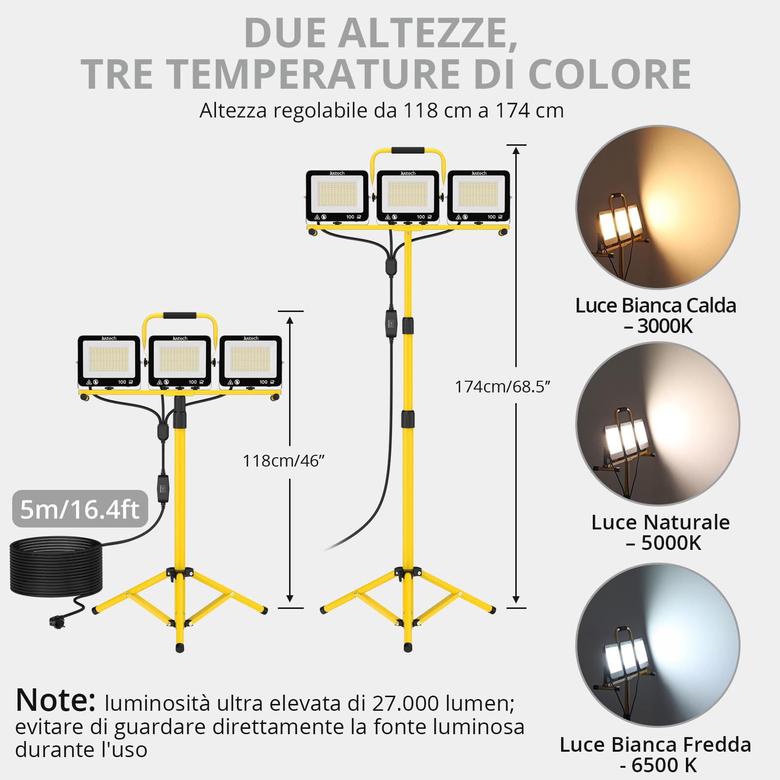Justech Faretti da Lavoro LED con Treppiede Telescopico, 100W 27000LM Luci da Lavoro con Spina per Officina, Cantiere Edile, Garage, Giardino, Impermeabile IP66, 3000K/5000K/6000K