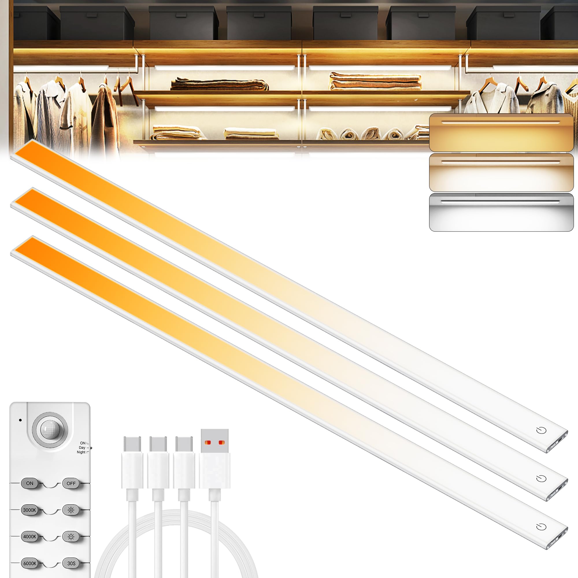 Illuminazione mobile senza fili, ricaricabile a batteria, rilevatore di movimento a LED, illuminazione per armadio con ricarica USB, illuminazione da incasso dimmerabile con telecomando per cucina