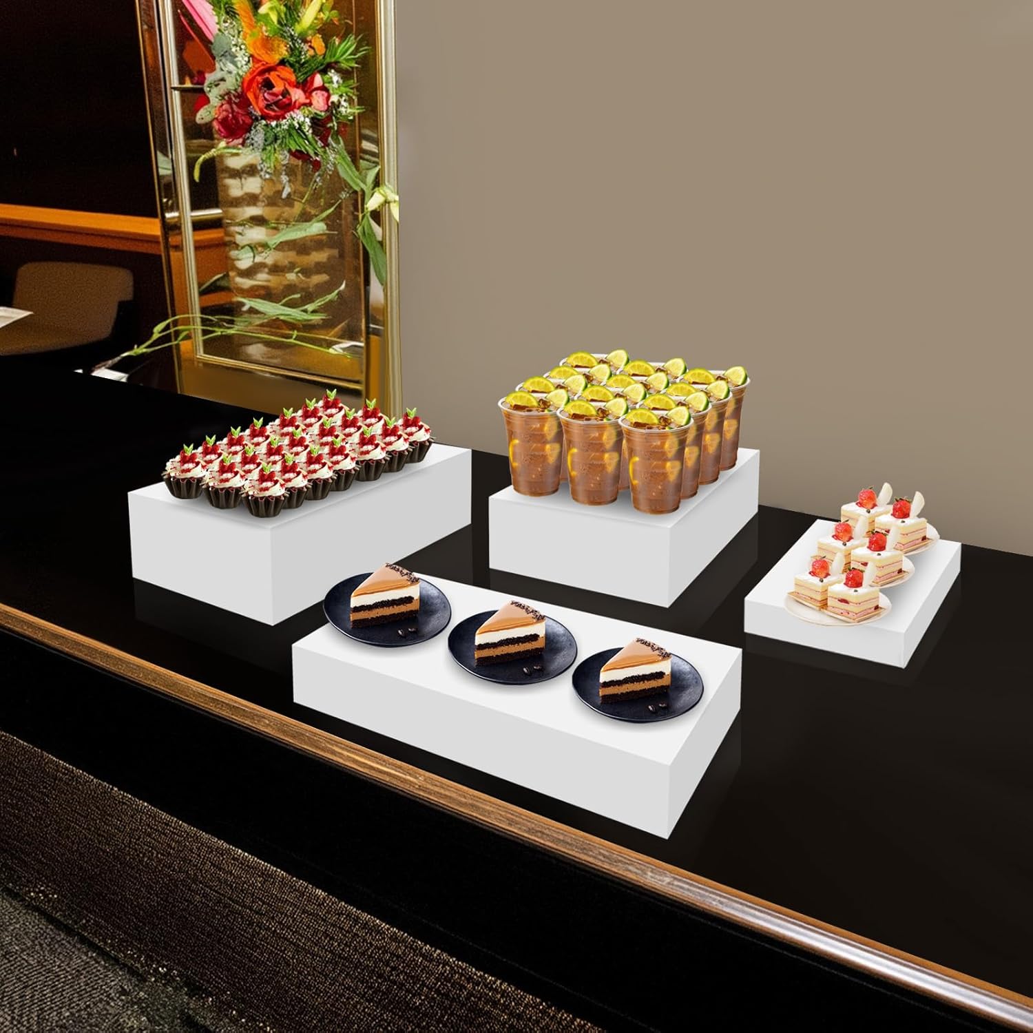 4PCS Acrylic Display Risers, Rectangular Food Risers for Buffet Table, Stackable Display Stand with Hollow Bottom for Cake Wedding Party, 4 Sizs - 17.7" 18.7" 19.7" 20.7"