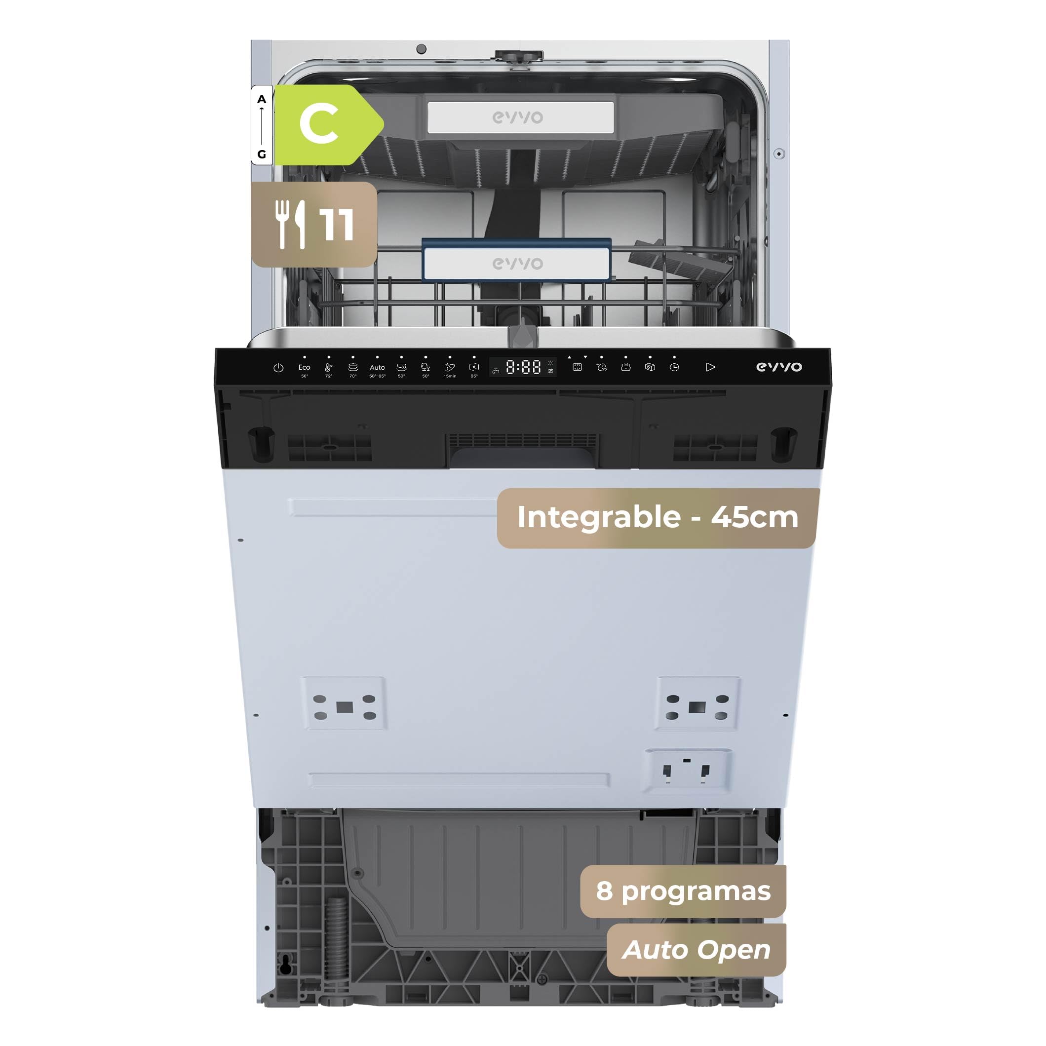 Lavavajillas Integrable 45 cm EVVO Di.4 Slim - Lavavajillas Pequeño, Clase C, 11 Cubiertos, 8 Programas, Apertura Automática de Puerta, Lavavajillas Panelable con Media Carga e Inicio Diferido