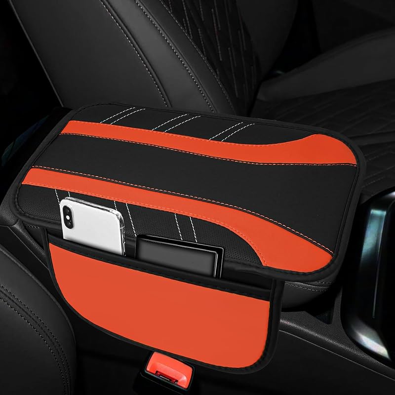Capa para Apoio de Braço do Console Central ongfuwu em Couro de Microfibra com Bolsos – Laranja