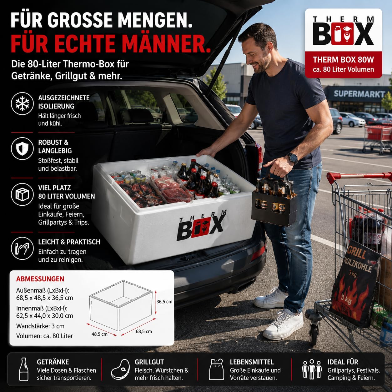 THERM BOX Scatola in polistirolo da 80 W, 80 litri, per scatola E3, per interni, 62,5 x 44 x 30 cm, spessore della parete 3 cm, contenitore termico, contenitore termico, contenitore termico E3