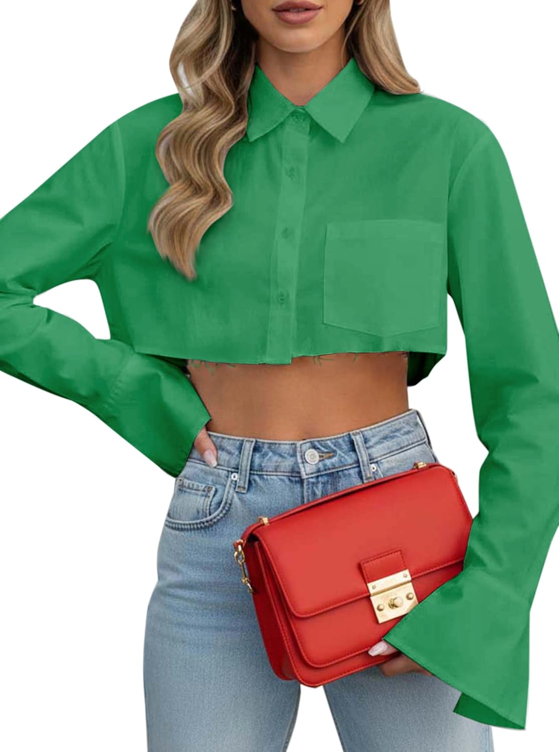 Remidoo Women's Casual Striped Cropped Button Down Shirt Long Sleeve Crop Top - Image 3