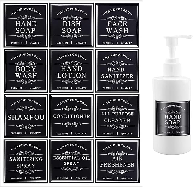 AIEX 24pcs Hand Soap Labels, Waterproof Soap Labels for Glass/Plastic Bottles Removable Dispenser Label Stickers Hand Lotion Stickers Cleaning Bottle Label for Soap Lotion Shampoo Conditioner (Black)