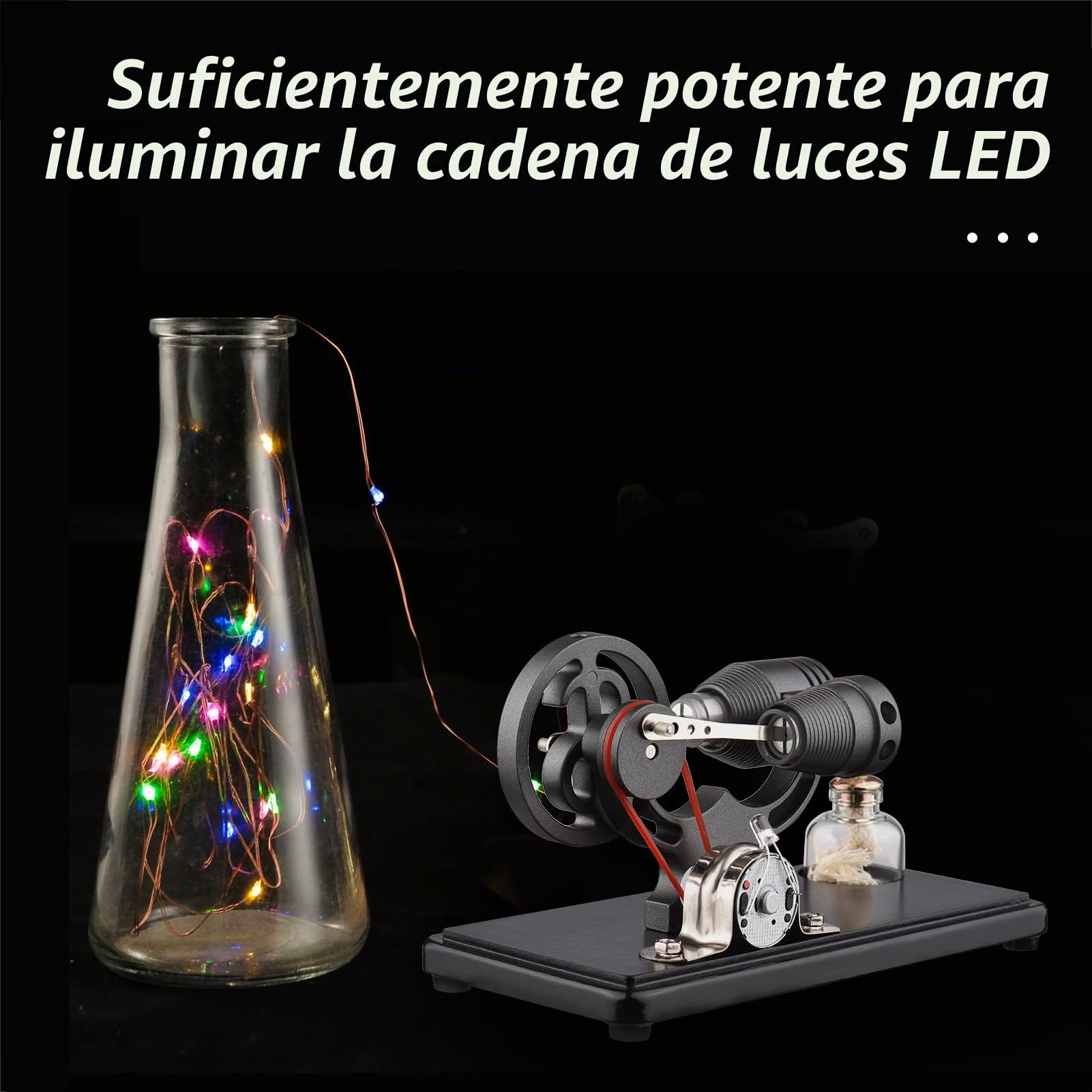Bisofice - modelo de motor Stirling de aire caliente con luz LED, diseño de volante de inercia, experimentación científica, educativo DIY para profesores y adultos, negro