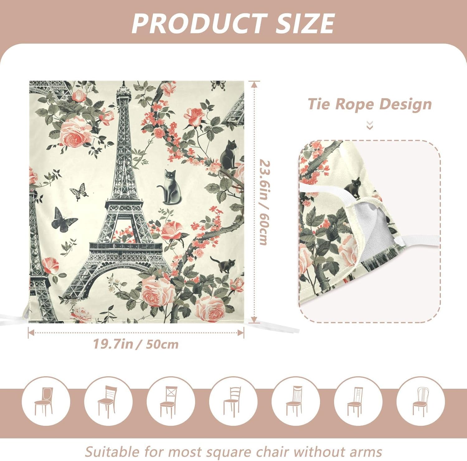 ALAZA Eiffel Tower Roses Cats Chair Back Cover Set of 6, Washable Reusable Removable Chair Slipcovers Decorative Chair Cover for Home Kitchen Wedding Party