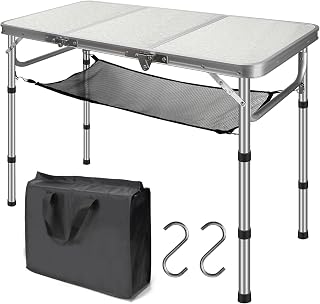 CPROSP Mesa de Camping Plegable Portátil 90 * 40cm, Negro de Picnic Al Aire Libre, Altura Ajustable 26-70 cm, con Red de Almacenamiento, Bolsa de Transporte Incluida Mesa de Aluminio MDF 4 Personas