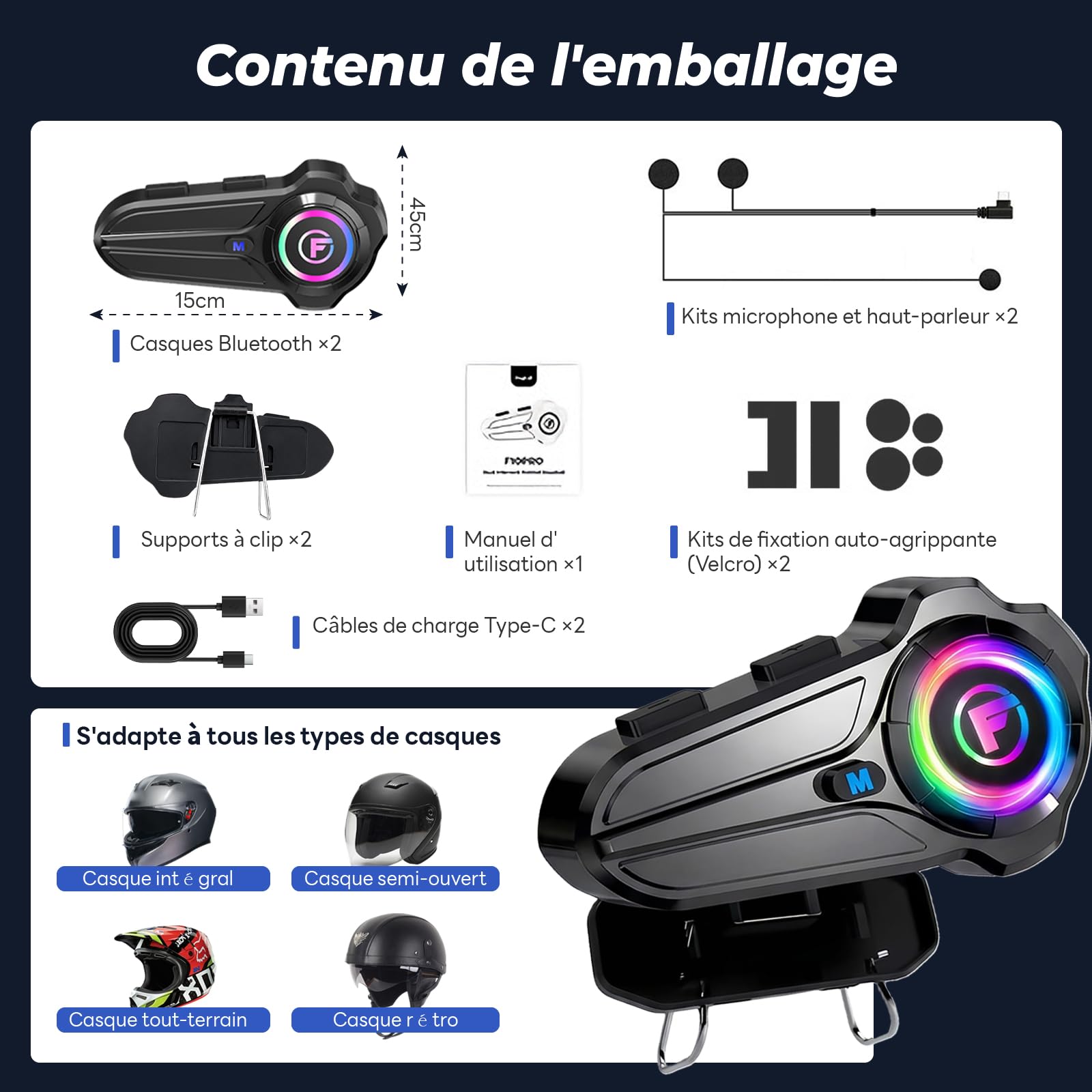 Lot de 2 F10Pro Intercom Moto Duo pour 2 Casques, Interphone Moto Bluetooth 5,3, Appairage Universel, Communication de 1000m, Réduction Intelligente du Bruit, IP67 Étanche, Mains Libres Automatique