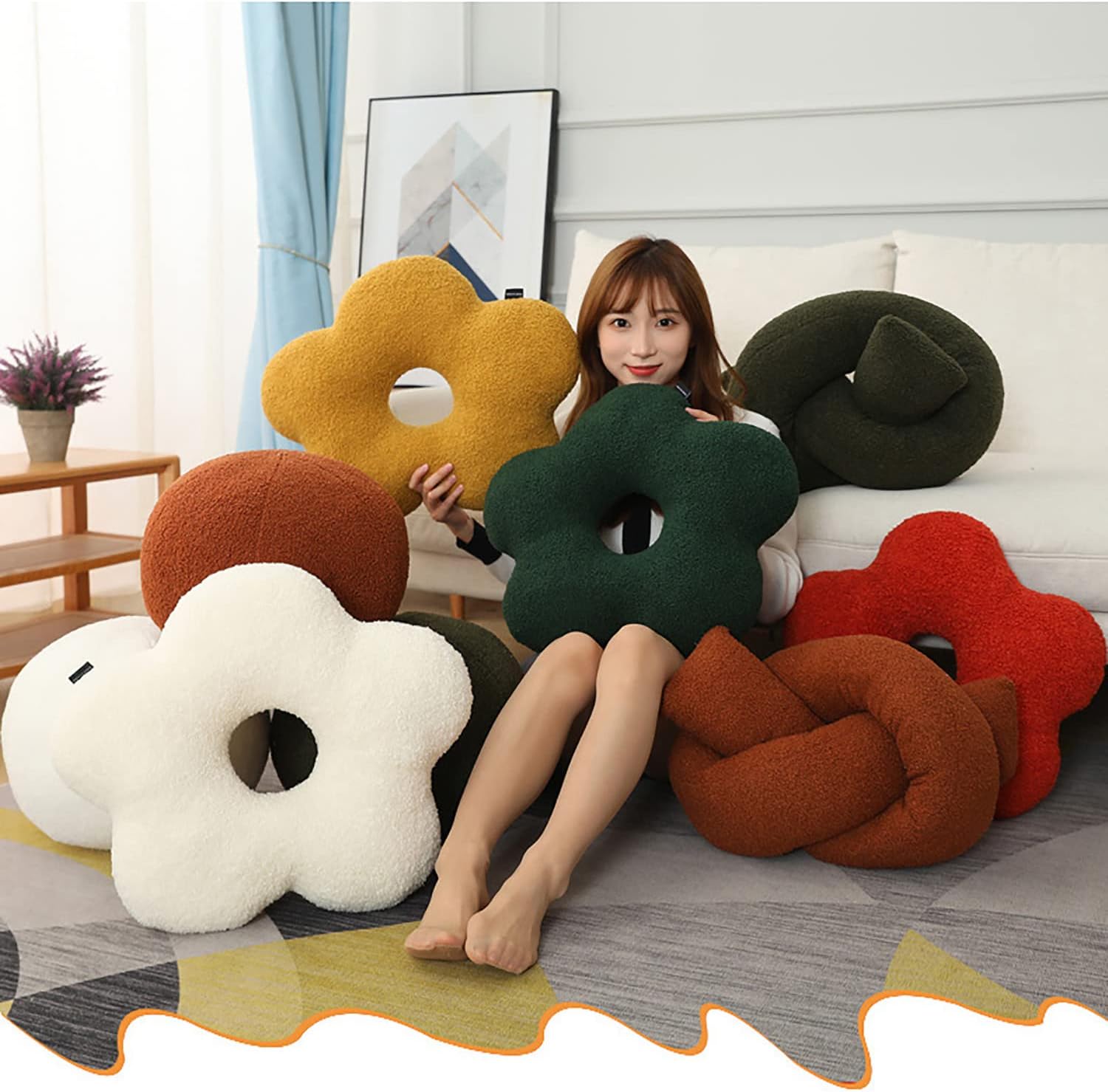 Nordic Style. Flower-Shaped and Ball Throw Pillows. Sofa Cushions. Plush Throw Pillow. (Brown Ball, 33cm (12.99inch))