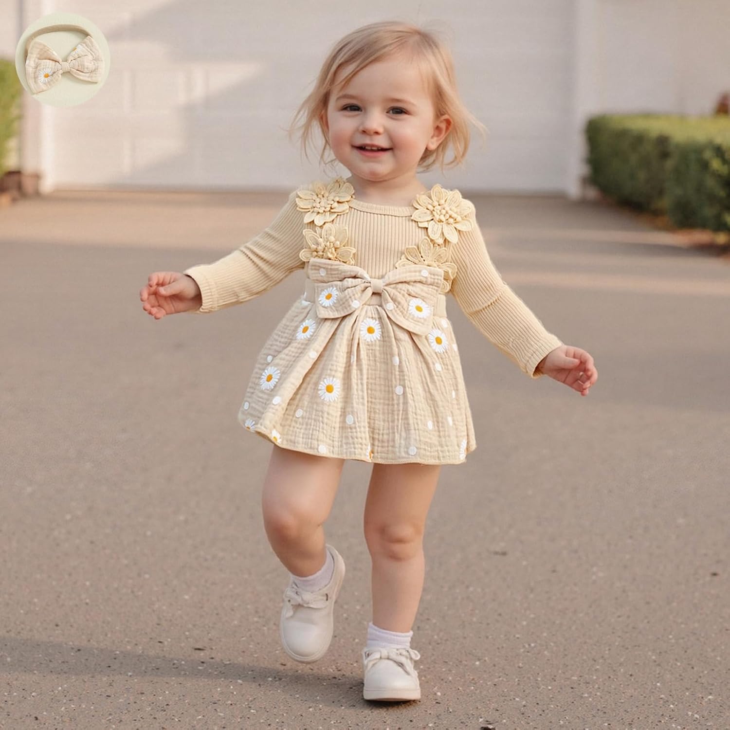 Newborn Infant Baby Girl Winter Clothes Knit Long Sleeve Romper Dress Daisy Floral Onesie + Headband 2Pcs - Image 2