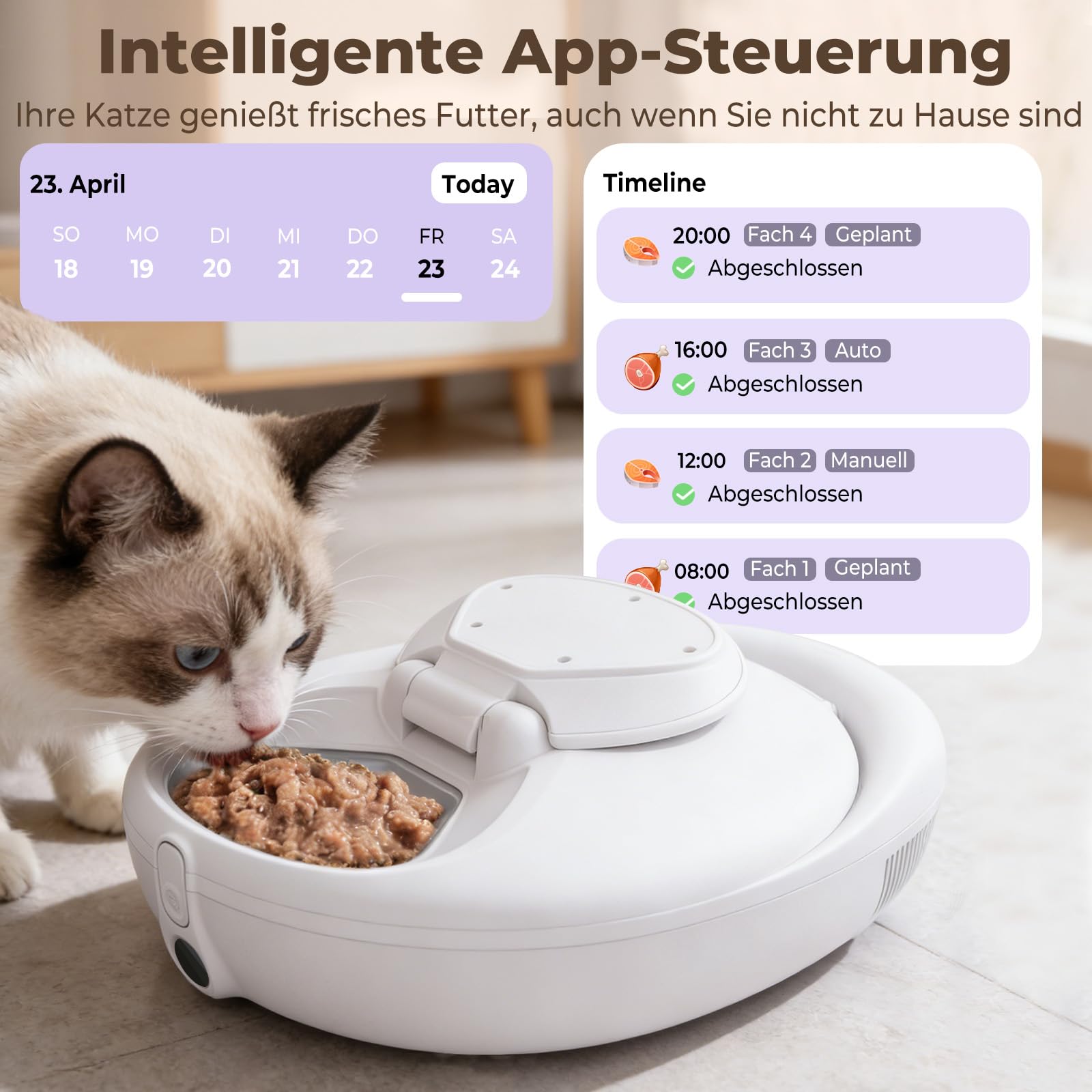 Futterautomat Katze Nassfutter - Frisch bis 4 Tage, Intelligenter Dual-Temp-Halbleiter-Kühl- & Heiz-Automatischer Katzenfutterspender mit multifunktionaler App, 4 Frischmahlzeiten, Infrarotsensorik