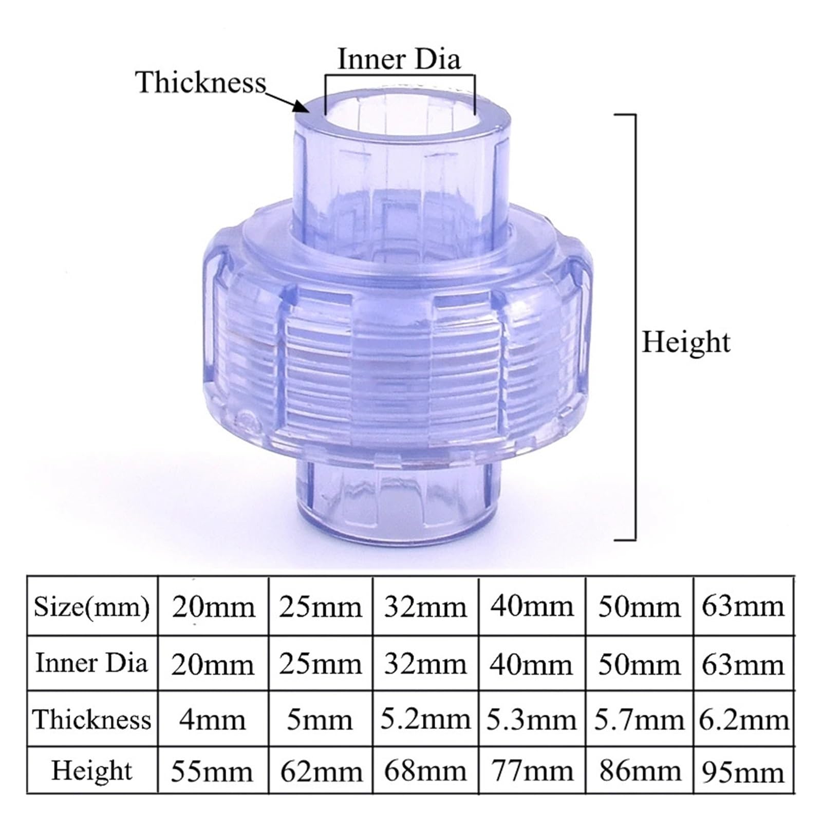 UPVC 20~63mm blu trasparente acquario serbatoio connettore irrigazione giardino valvola a sfera/diretto/gomito/tee/giunto di unione/giunto a croce(Union Connector,63mm)