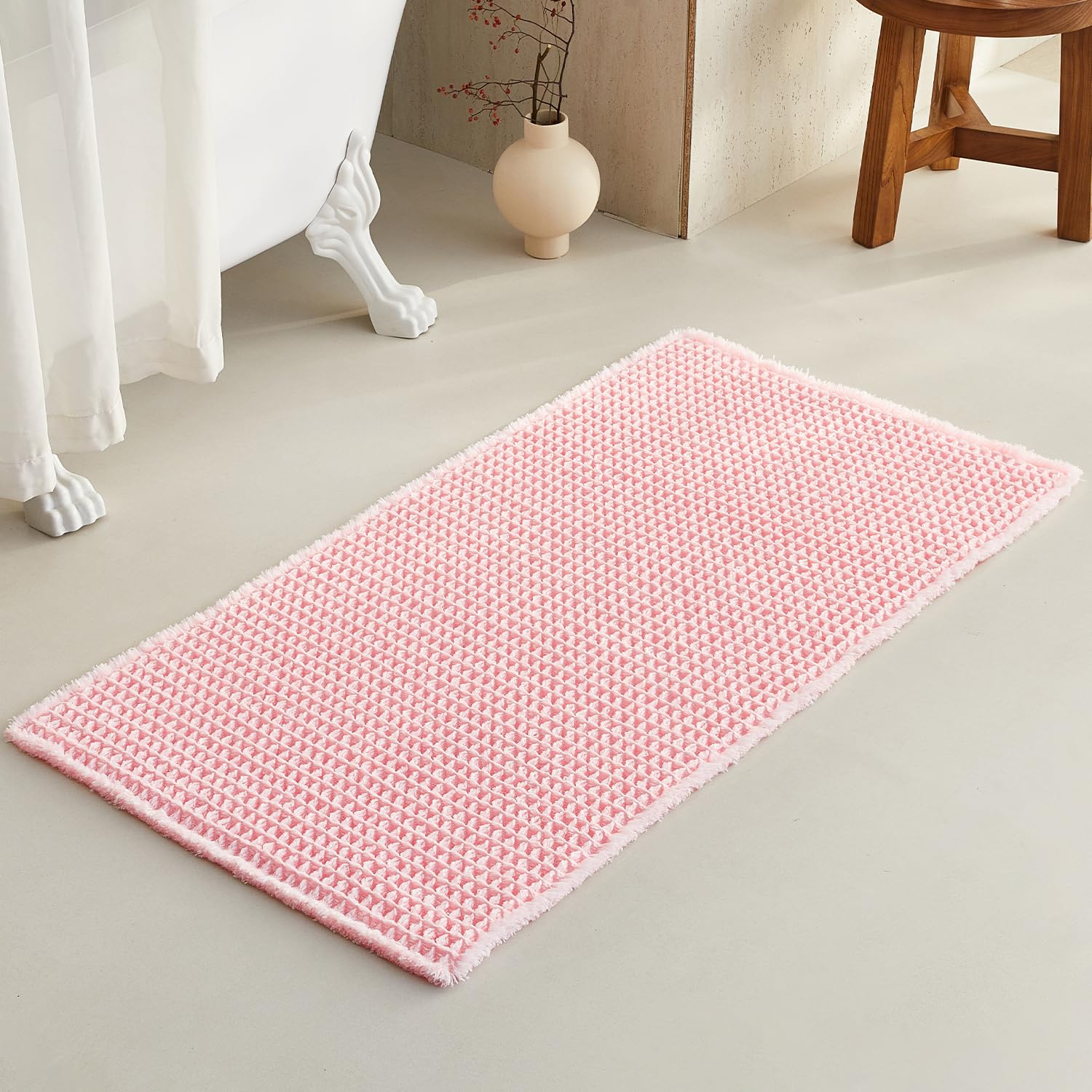 TYUU Light Peachy Pink Bathroom Rugs, Waffle Bath Mat Non Slip Washable Quick Dry Cute Bath Mat Boho Farmhouse Bathroom Decor, 48"x24" Light Peachy