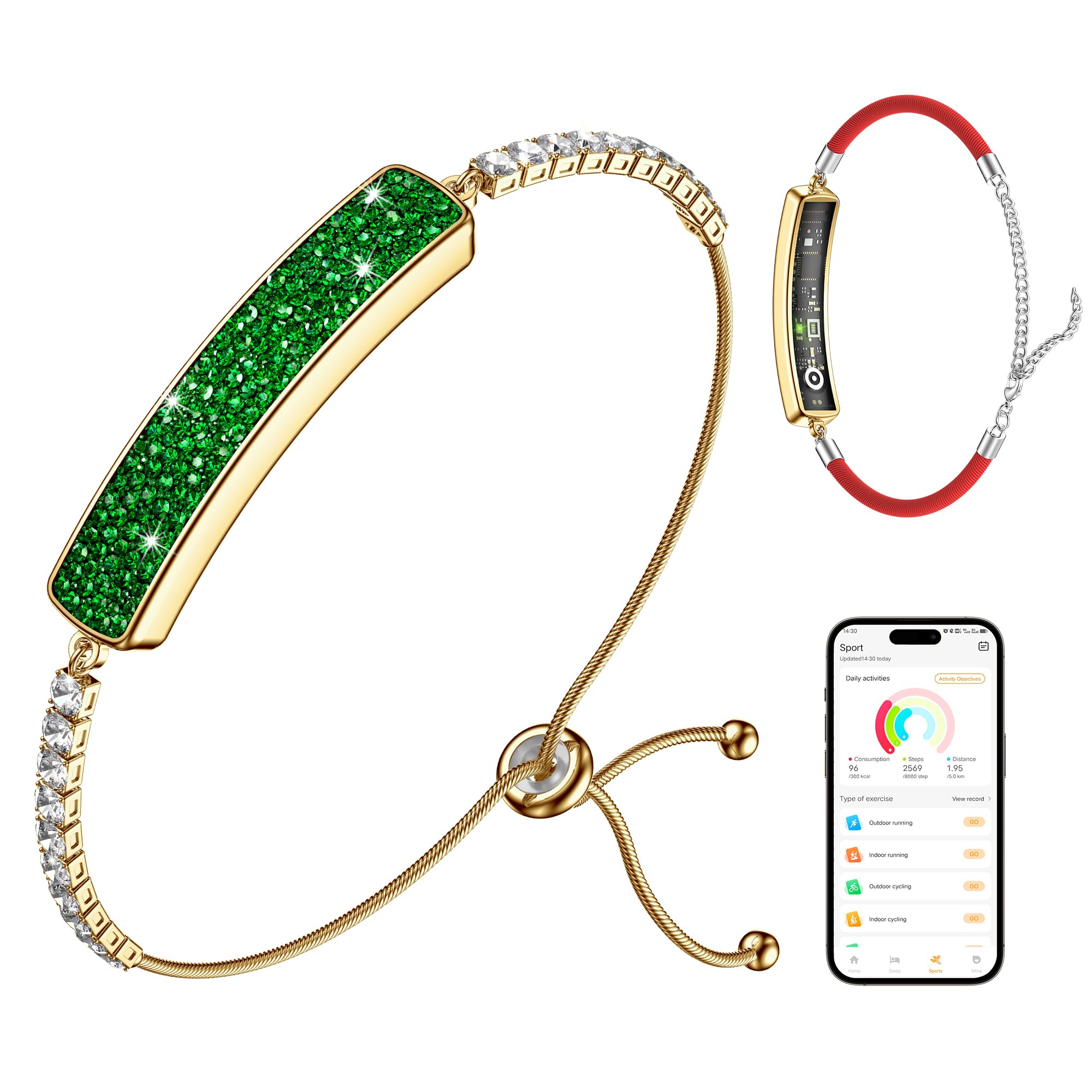 2-in-1 Crystal-Inlaid Smart Bracelet for Women, Jewelry Fitness Tracker with Heart Rate, Sleep &amp; Cycle Tracking, IP68 Waterproof, Interchangeable Bands, Compatible with iOS &amp; Android