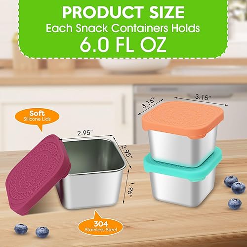 Miniatura 2 de Winceed 3 recipientes de acero inoxidable de 6 onzas, recipiente pequeño de metal con tapas de silicona, caja cuadrada a prueba de fugas de acero