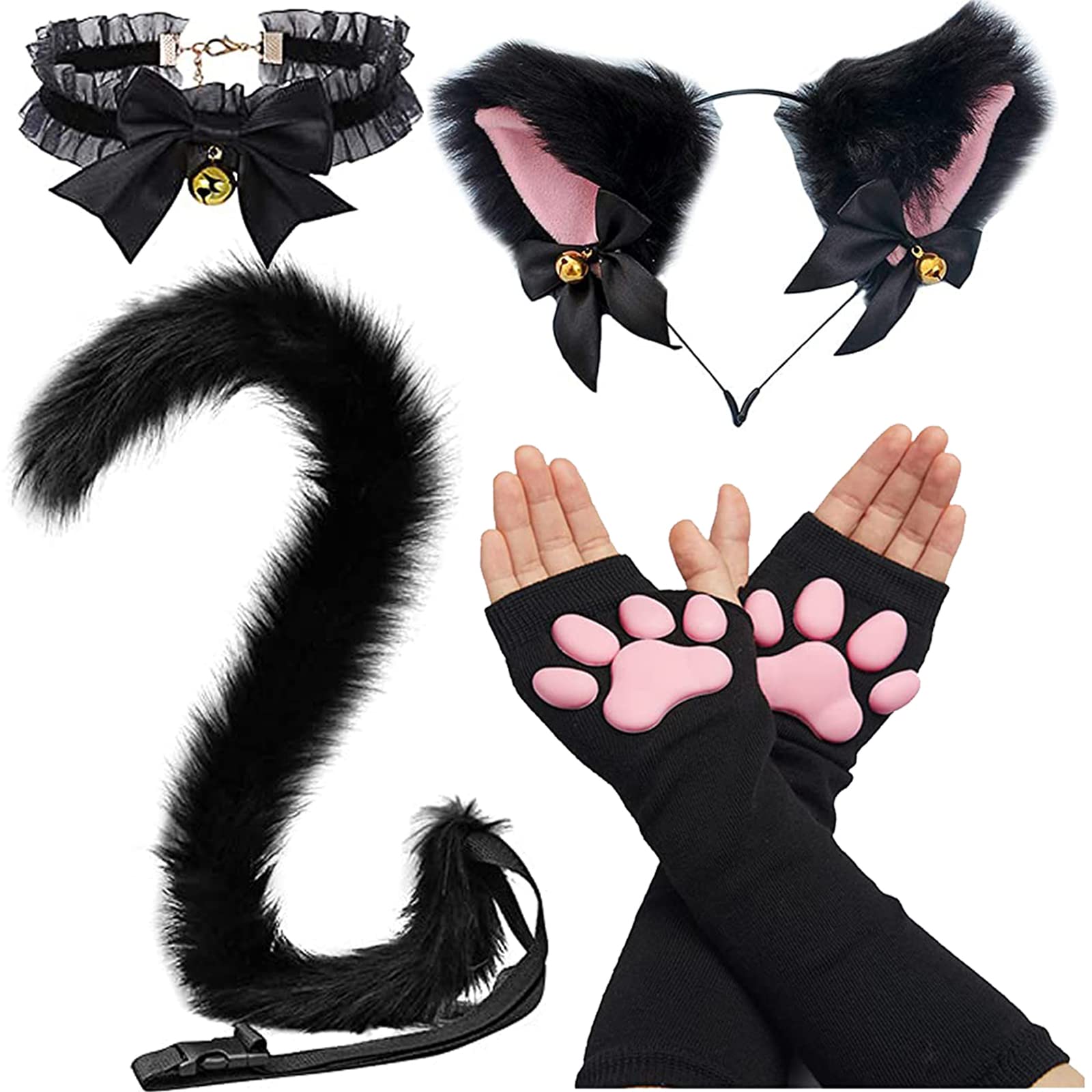 Cat Paw Gloves Mittens with Cat Ears Mask Cute Cat Paw Toe Beans Socks Stockings Set for Women Girls Halloween Cat Cosplay - 024
