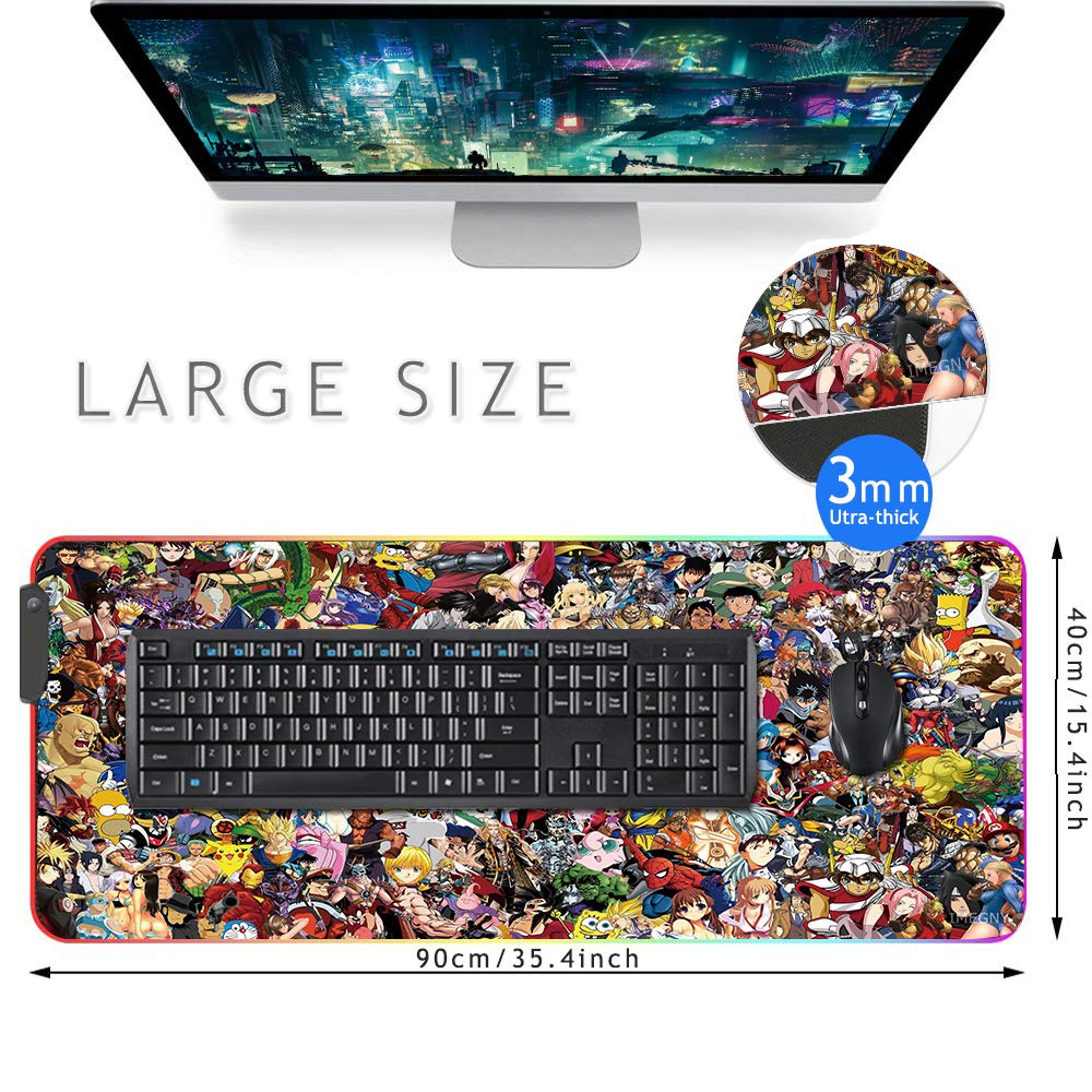 RGB, tappetino per mouse da gioco a LED, tappetino per mouse da gioco, grande, colorato, morbido, per mouse e tastiera del computer, con base in gomma antiscivolo, resistente all'acqua, 90 x 40