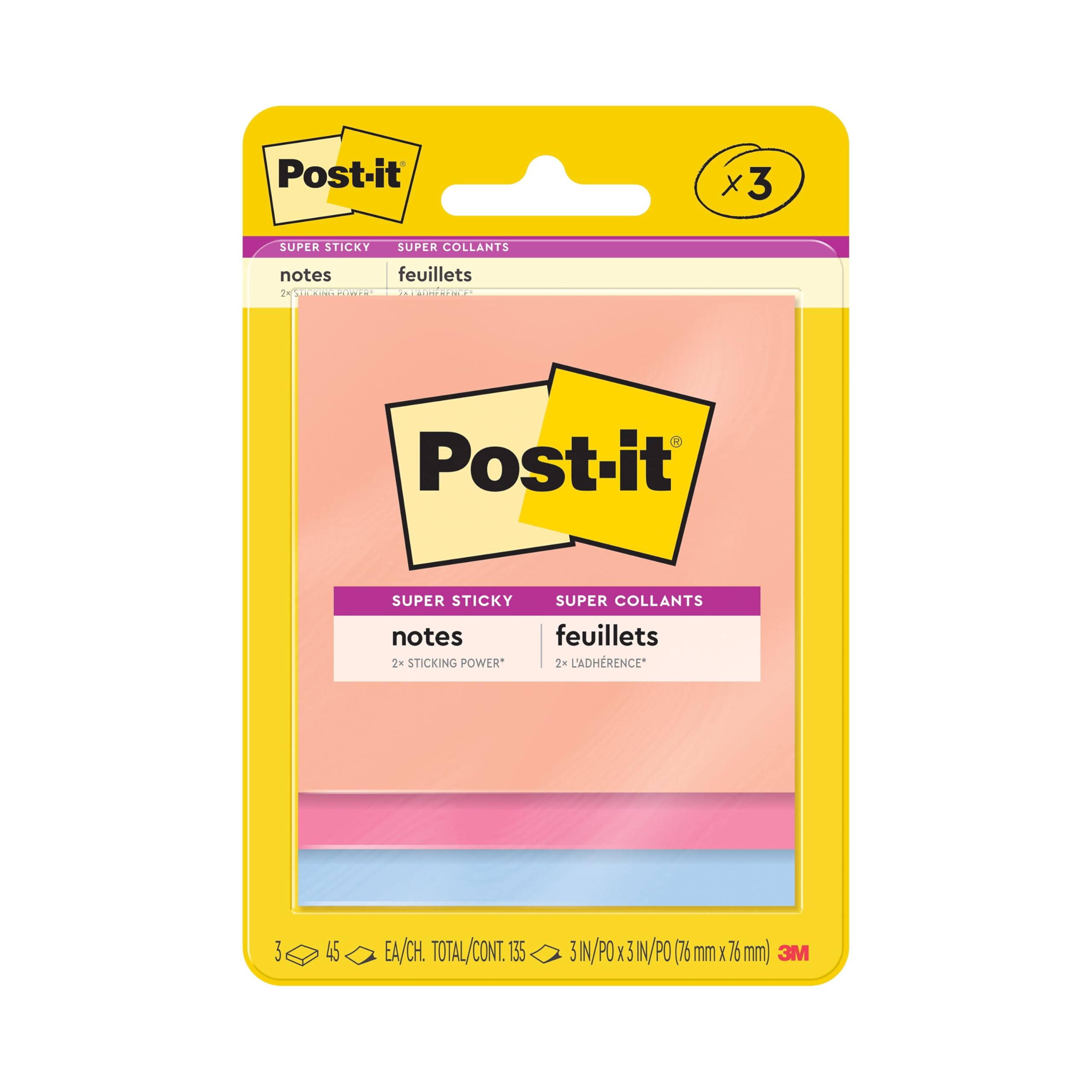 Post-it Süper yapışkan notlar, 3 adet yapışkan not defteri, 7,6 x 7,6 cm, okul malzemeleri, ofis ürünleri, dikey yüzeyler, monitörler, duvarlar ve pencereler için yapışkan notlar, yaz sevinci