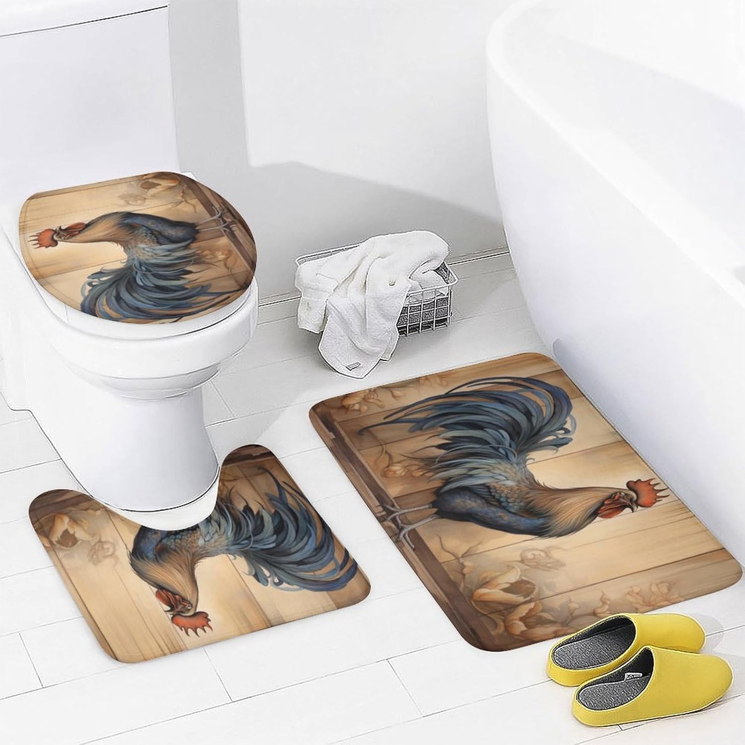 4Pcs Farmhouse Chicken Shower Curtain Sets for Bathroom,Modern Barn Rooster Animal Shower Curtain,Non-Slip Bathroom Rugs,Lid Toilet Cover,Bath Mat,Bathroom Decor Set Accessories