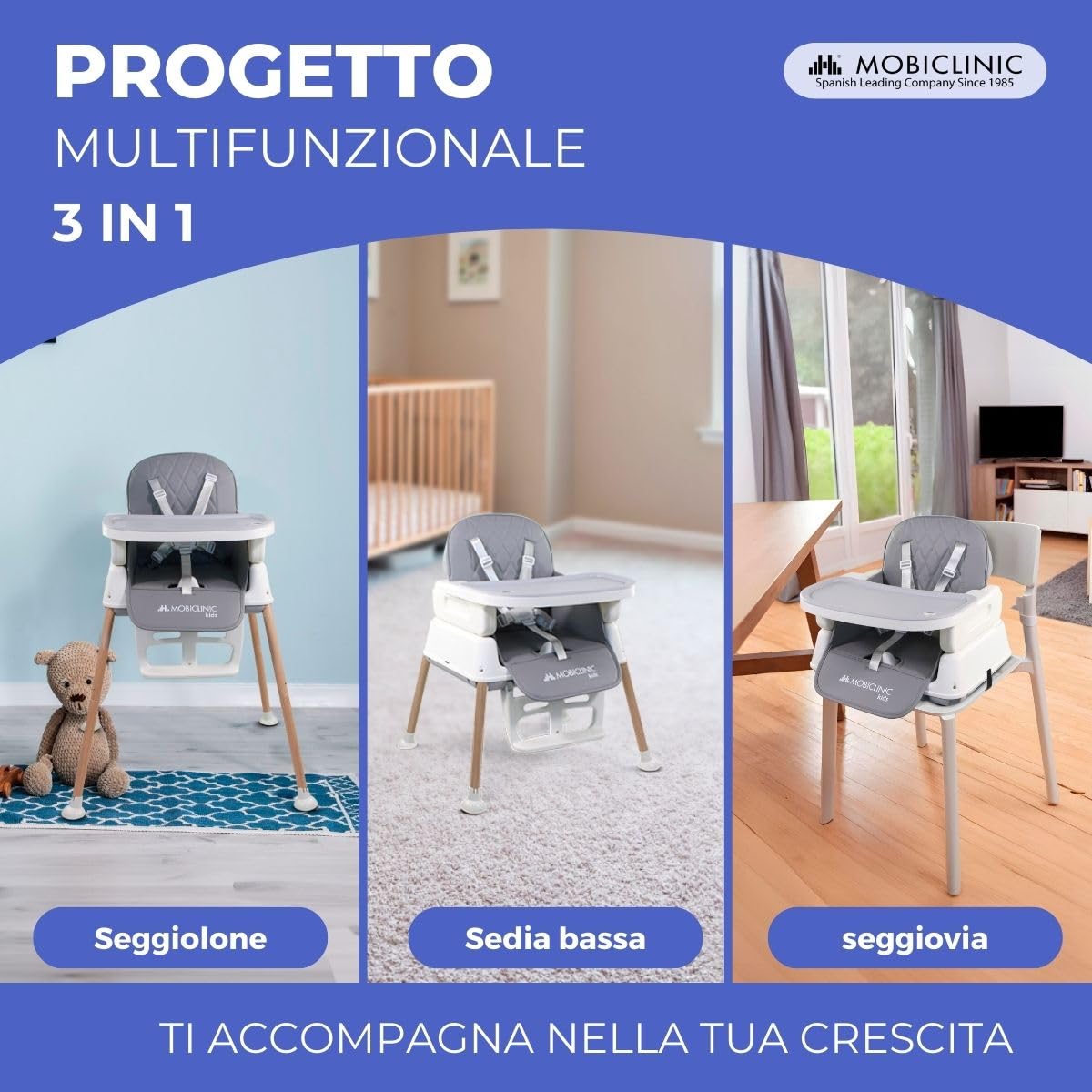 Mobiclinic® kids, Seggiolone pappa evolutivo, 3 in 1, Kiara, + sedia da gioco alto, Pieghevole, Cintura di sicurezza a 5 punti, Vassoio regolabile, 6-36 mesi, Fino 15 kg