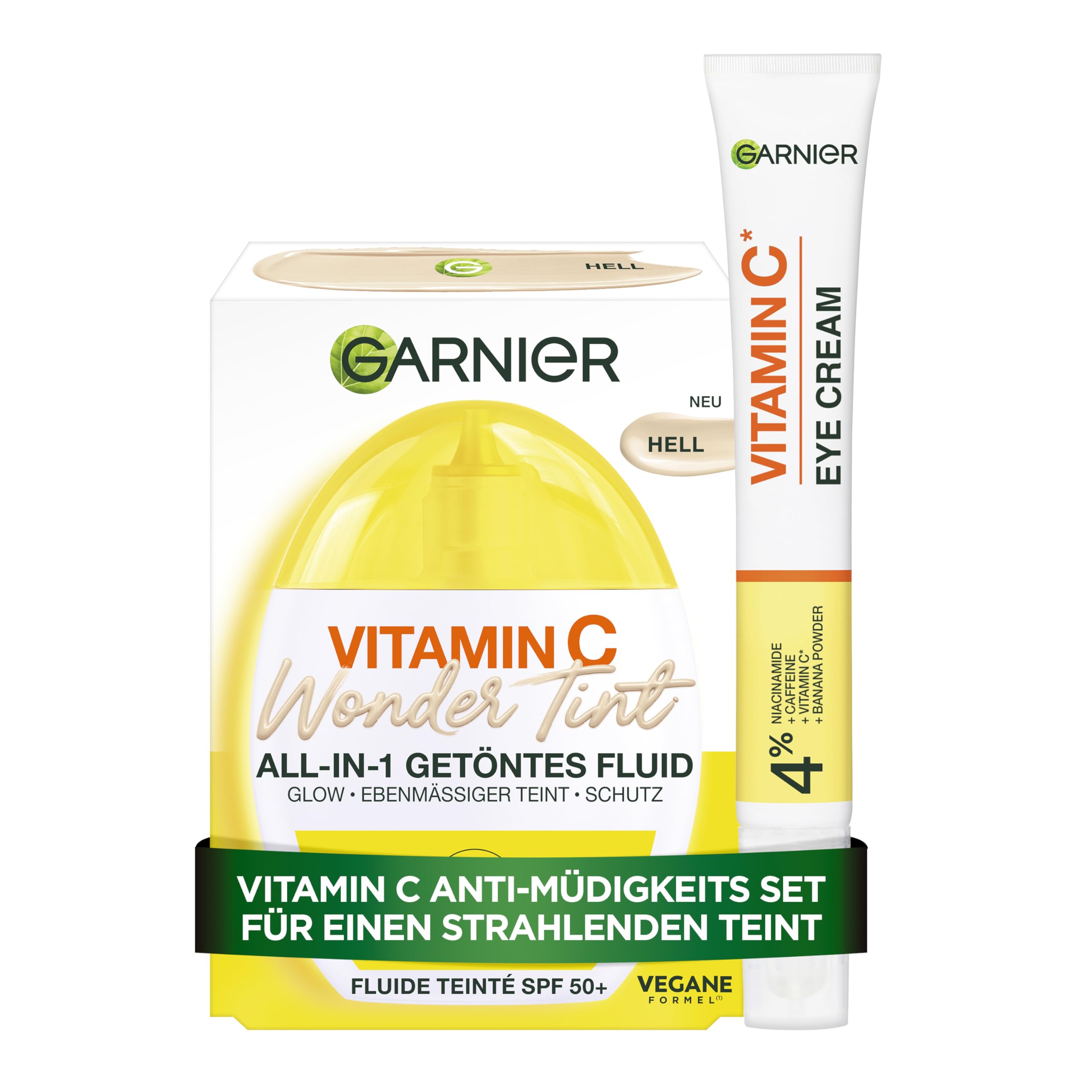 Garnier Vitamin C Anti-Müdigkeits Set – Routine mit Glow Booster Augencreme gegen Augenringe & Wonder Tint Getöntem Fluid Hell LSF 50+ – Pflegeset für eine wache Augenpartie & strahlenden Teint