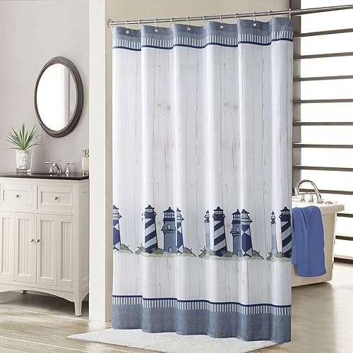 Lighthouse - Cortina de ducha de playa con estampado Ocean Lt, color gris, moderna, impermeable, de poliéster blanco, a rayas, cortinas de baño de