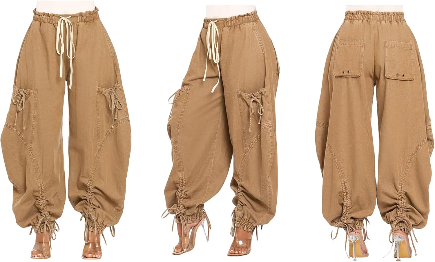 LETSVDO Women's Baggy Cargo Jogger Jeans High Waisted Wide Leg Drawstring Bow Pockets Loose Harem Denim Pant Sweatpants - Image 7