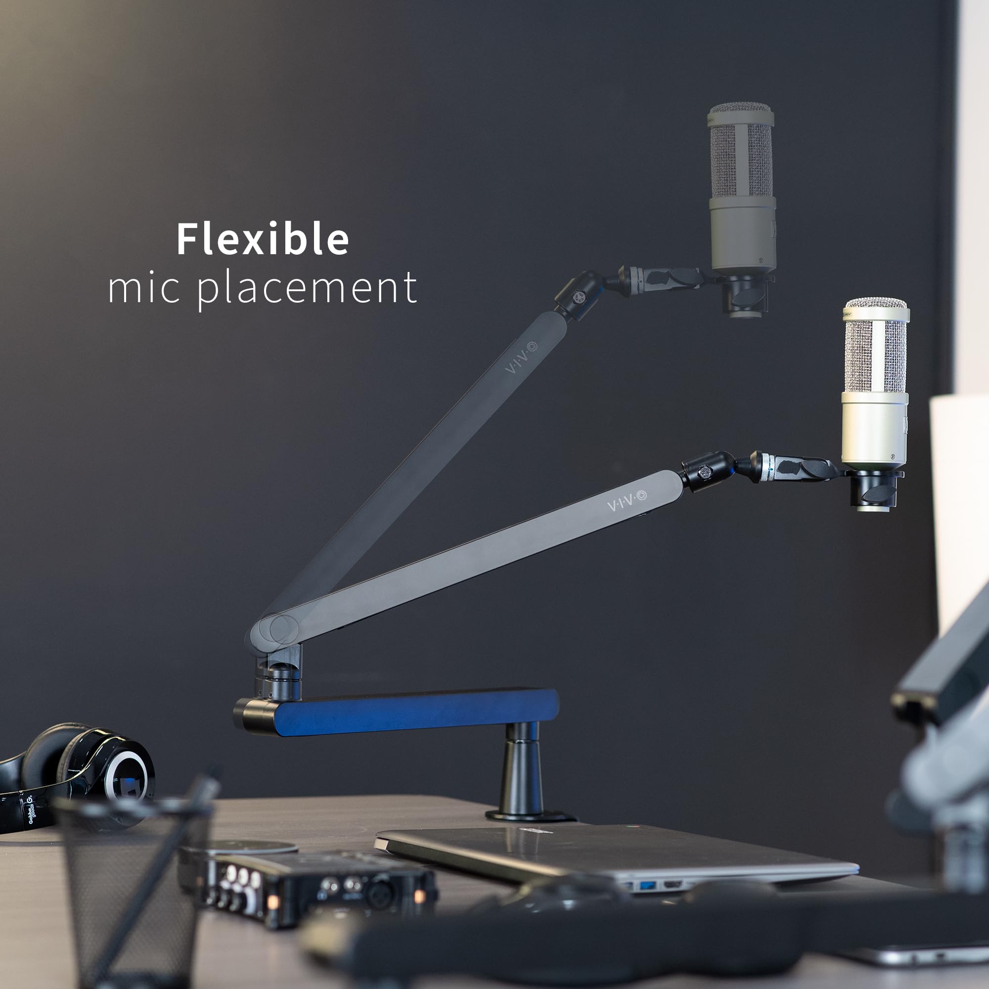 VIVO Niedriges Profil, Broadcast-/Podcast-Mikrofonarmständer mit 3/8 und 5/8 Zoll Schraubadapter, robuste Tischhalterung, professioneller Mikrofonständer mit 360-Grad-Drehung, schwarz, STAND-MIC03L