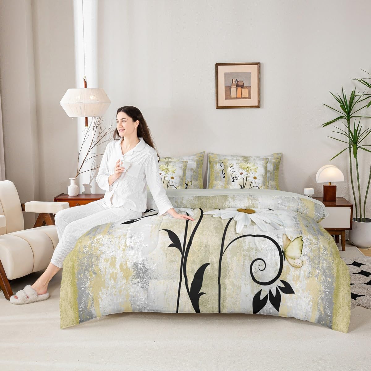 Grey Yellow Daisy Bed In A Bag Queen Comforter Set 7 Piece,Rustic Flowers Bedding Sets,Size Vintage Farmhouse Floral Butterfly Comforter and Sheets for Girls Women Watercolor Abstract Ombre Bed Set