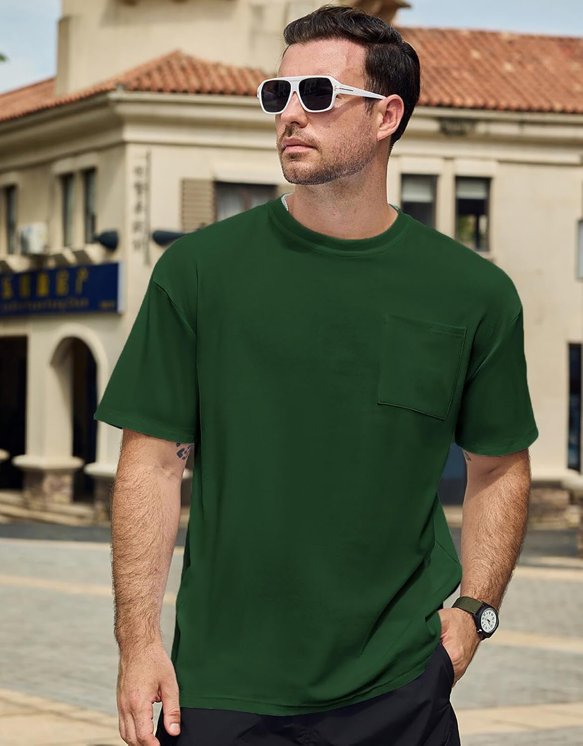 Men's Oversized Cotton T-Shirt Short Sleeve Casual Crew Neck Solid Pocket Tee Basic Workout Tops - Image 3