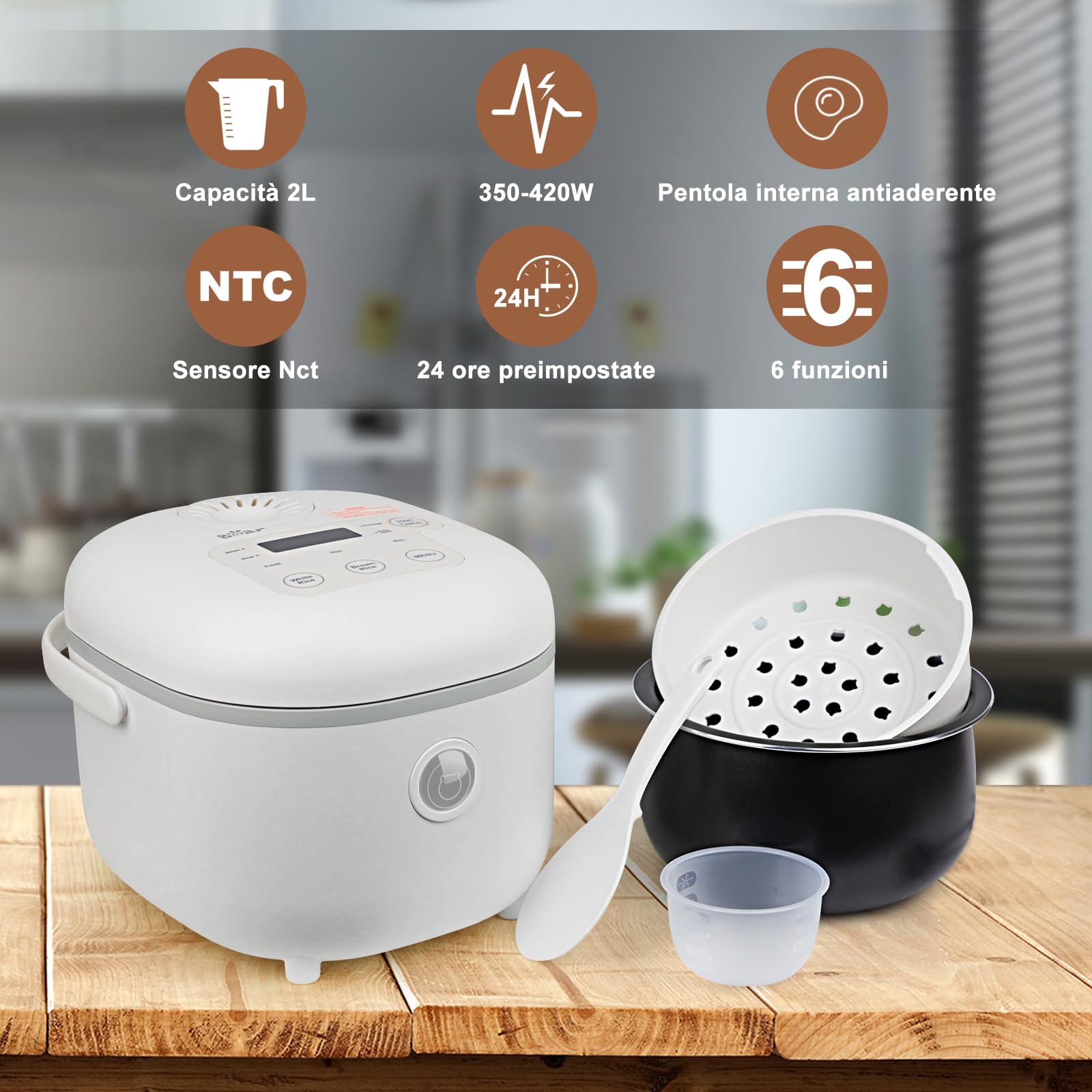 Bear Cuociriso 4 tazze (non cotte) con Vaporiera,Rice Cooker Mini Multifunzionale da 350W, 6 Funzioni di Cottura del Riso per 2-4 Persone,Bianco