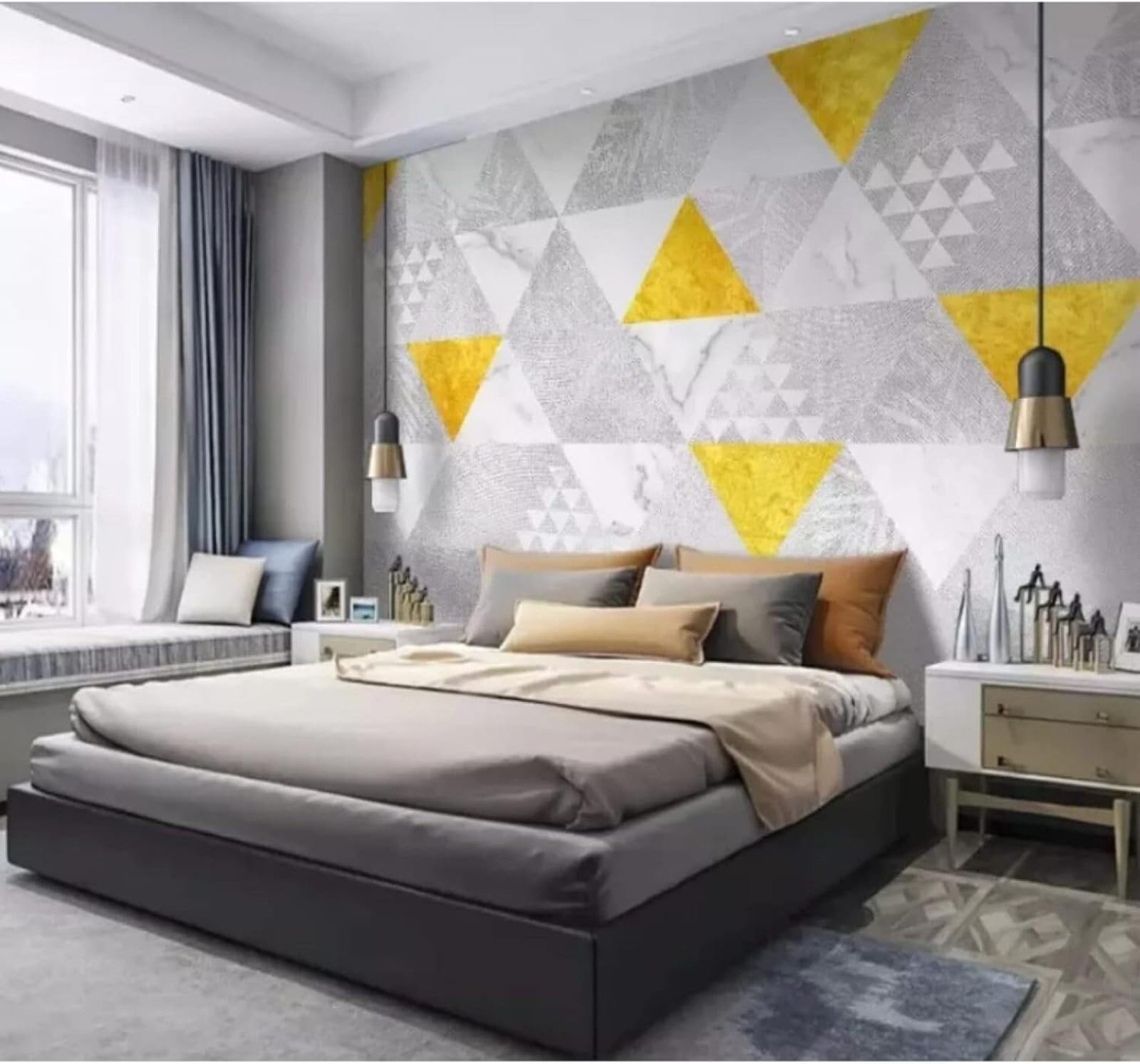 Xlming 430Cm×300Cm(B×H) Minimalist Grey Yellow Geometric Triangles Patchwork 3D Wallpaper Luxury Home Dining Decor Paste Sofa Living Room The Wall For Bedroom Mural-430Cm×300Cm
